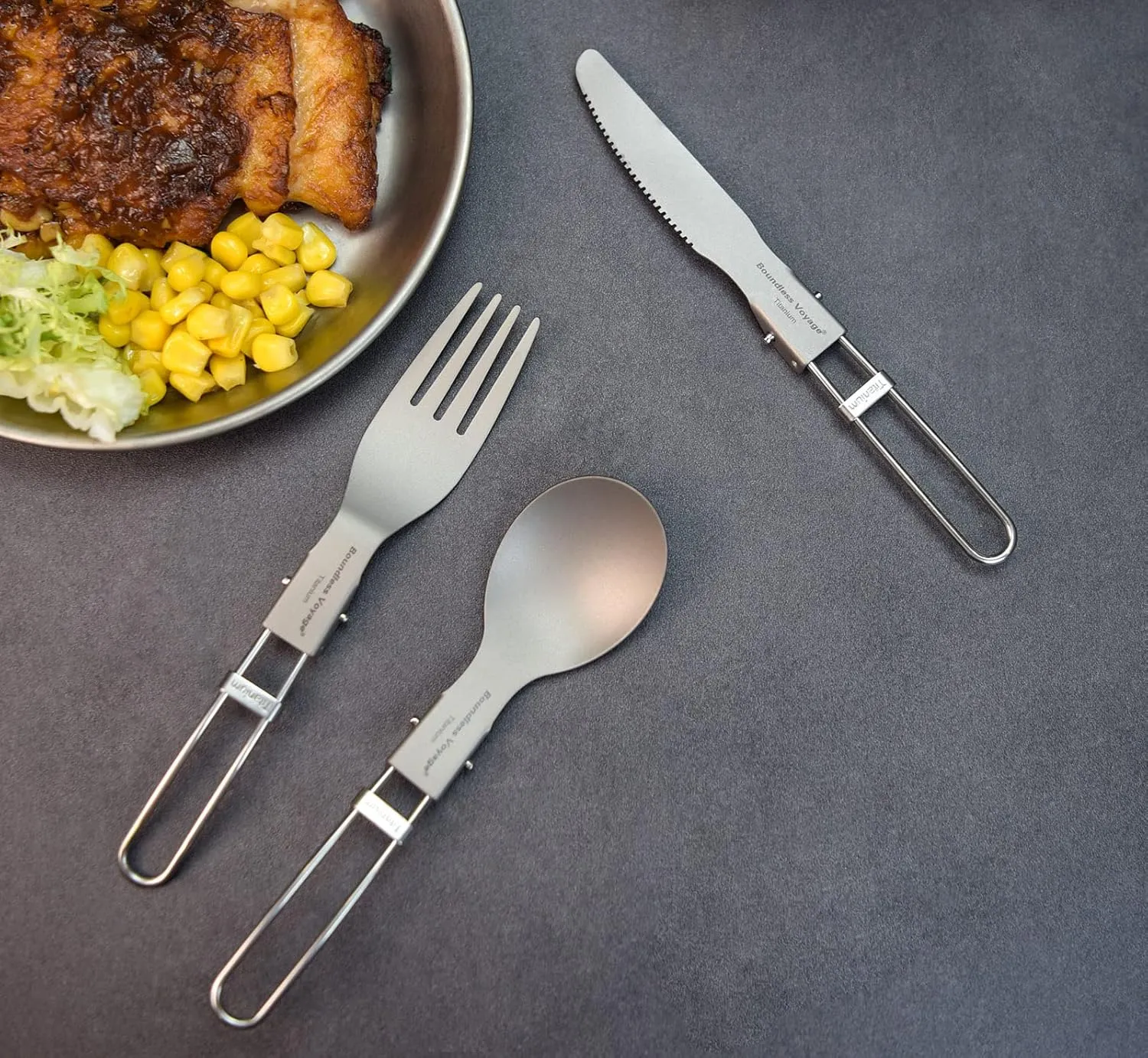iBasingo Titanium Spork Spoon Fork Knife with Folding Handle Ultralight Dinnerware Utensils for Camping Outdoor Picnic Hiking Travel Home use
