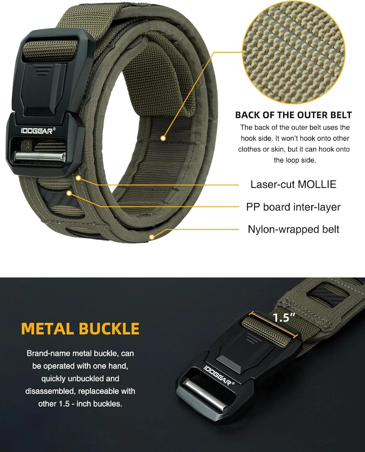 IDOGEAR SPORTS Tactical Heavy Duty Belt Quick Release MOLLE Belt With 1.5"/2" Inner Outer For Men Outdoor Paintball Airsoft