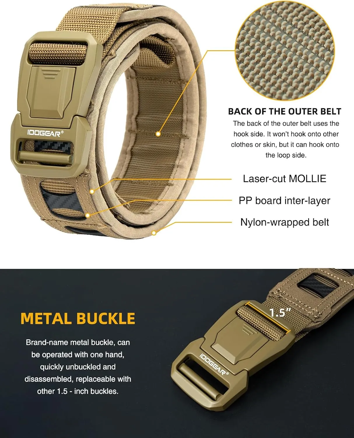 IDOGEAR SPORTS Tactical Heavy Duty Belt Quick Release MOLLE Belt With 1.5"/2" Inner Outer For Men Outdoor Paintball Airsoft