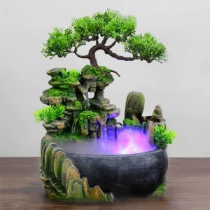 Indoor Tabletop Fountains ， Rockery, Water, Waterfall, Plants, Desktop Fountain, atomizing humidifier Fountain, Home Office Desktop Decorations, Automatic Pump with Power Switch