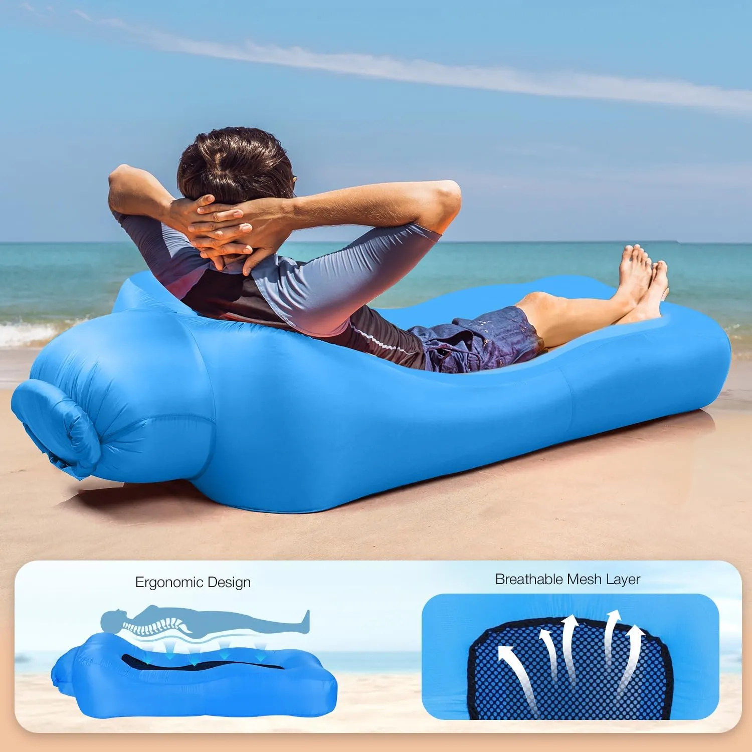 Inflatable Lounger, Ultralight Portable Ergonomic Beach Bed Air Sofa Couch Waterproof Anti-Air Leaking for Indoor Outdoor Hiking Camping Traveling, No Pump Required