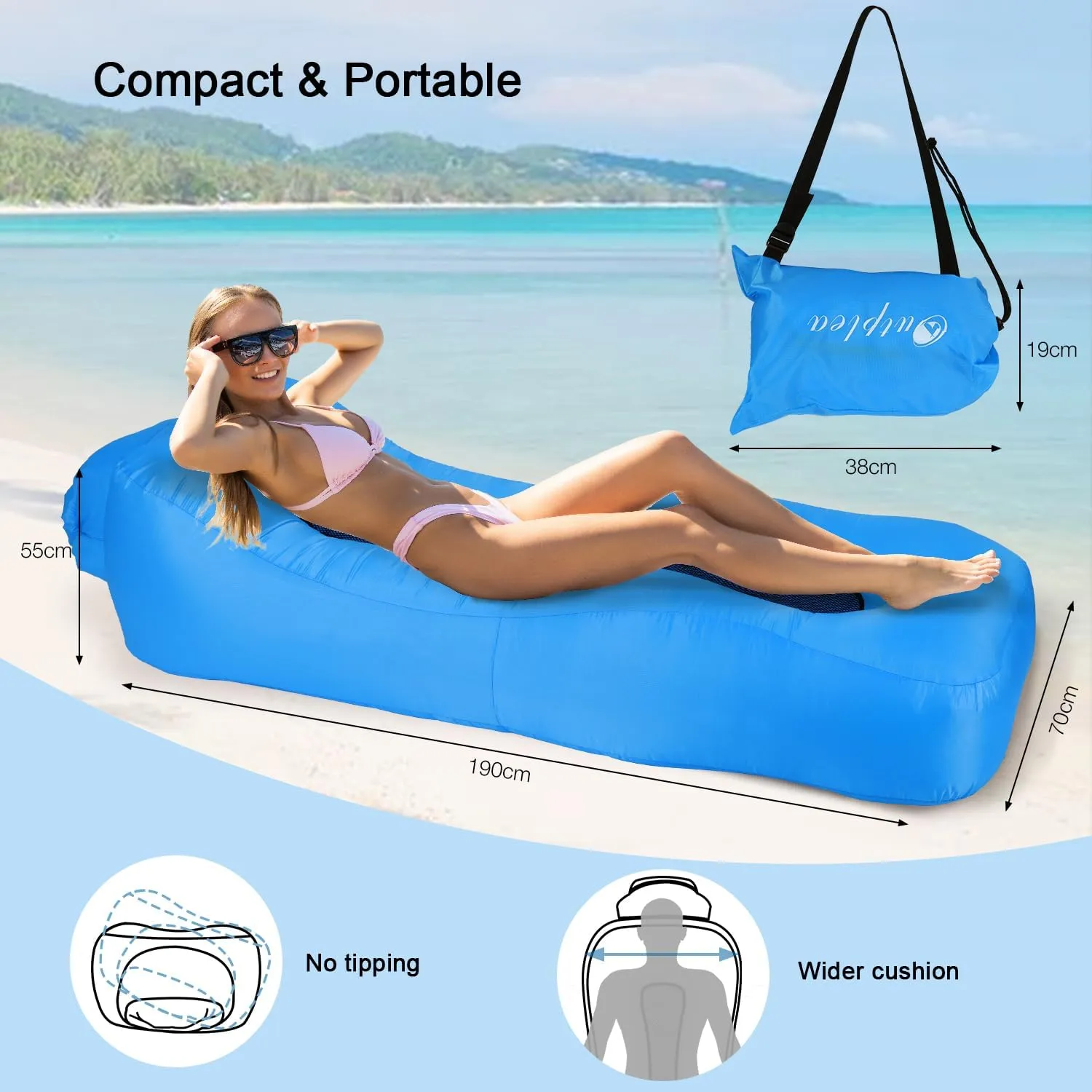 Inflatable Lounger, Ultralight Portable Ergonomic Beach Bed Air Sofa Couch Waterproof Anti-Air Leaking for Indoor Outdoor Hiking Camping Traveling, No Pump Required