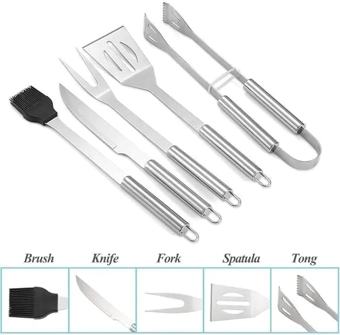 INFLUX Premium 5pcs Stainless Steel BBQ Grill Tool Set with Knife, Brush, Fork, Spatula, Tongs & Oxford Bag - Ideal for Outdoor Grilling in UAE Grill Accessories, Barbecue Utensil for Outdoor Cooking