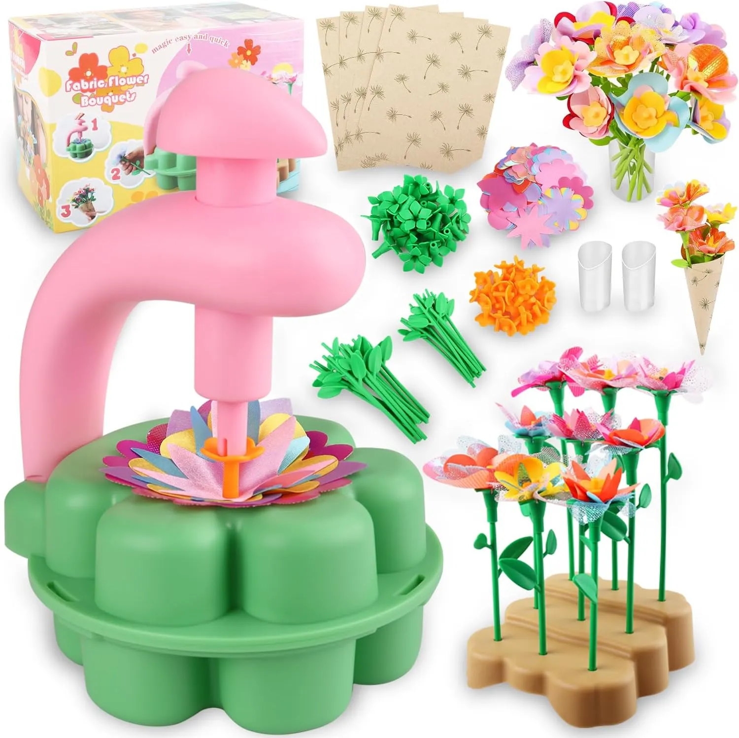 INKZOO DIY Fabric Flower Bouquet Craft Kit for Kids, Educational Arts & Crafts Toy, Build Your Own Flowers, DIY Creative Activity Christmas Birthday Gift for 4 5 6 7 8  Year Old Toddler Girls
