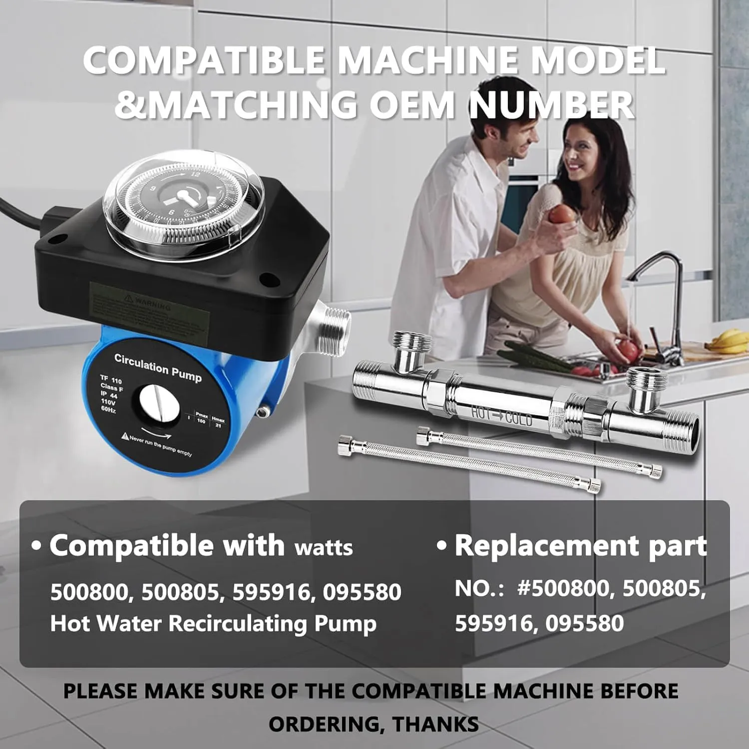 Instant Hot Water Recirculating Pump with Adjustable Timer for Tank Water Heater Recirculation System with 304 Stainless Steel Bridge Sensor Valve Kit, Replace 0955805