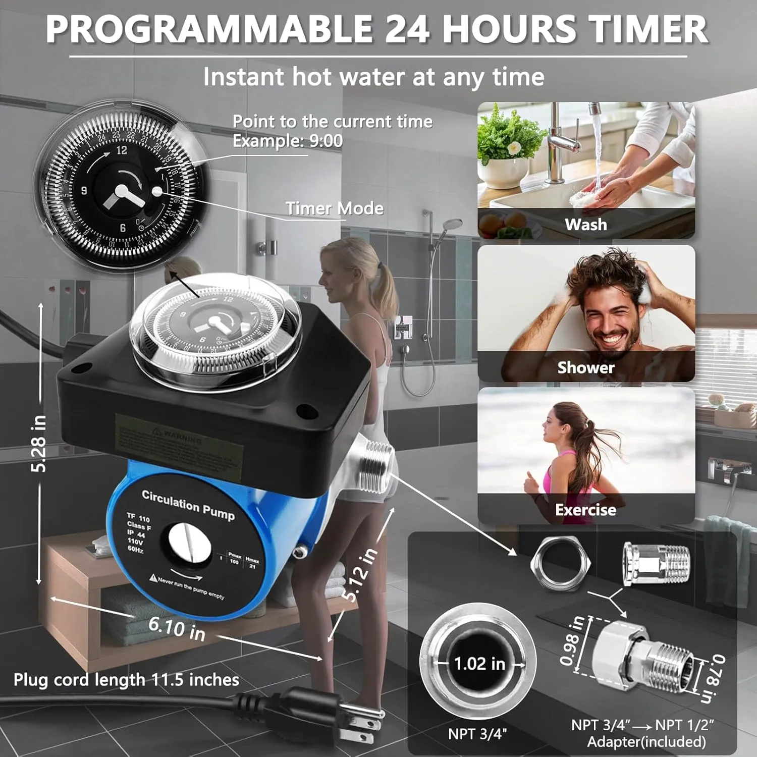 Instant Hot Water Recirculating Pump with Adjustable Timer for Tank Water Heater Recirculation System with 304 Stainless Steel Bridge Sensor Valve Kit, Replace 0955805