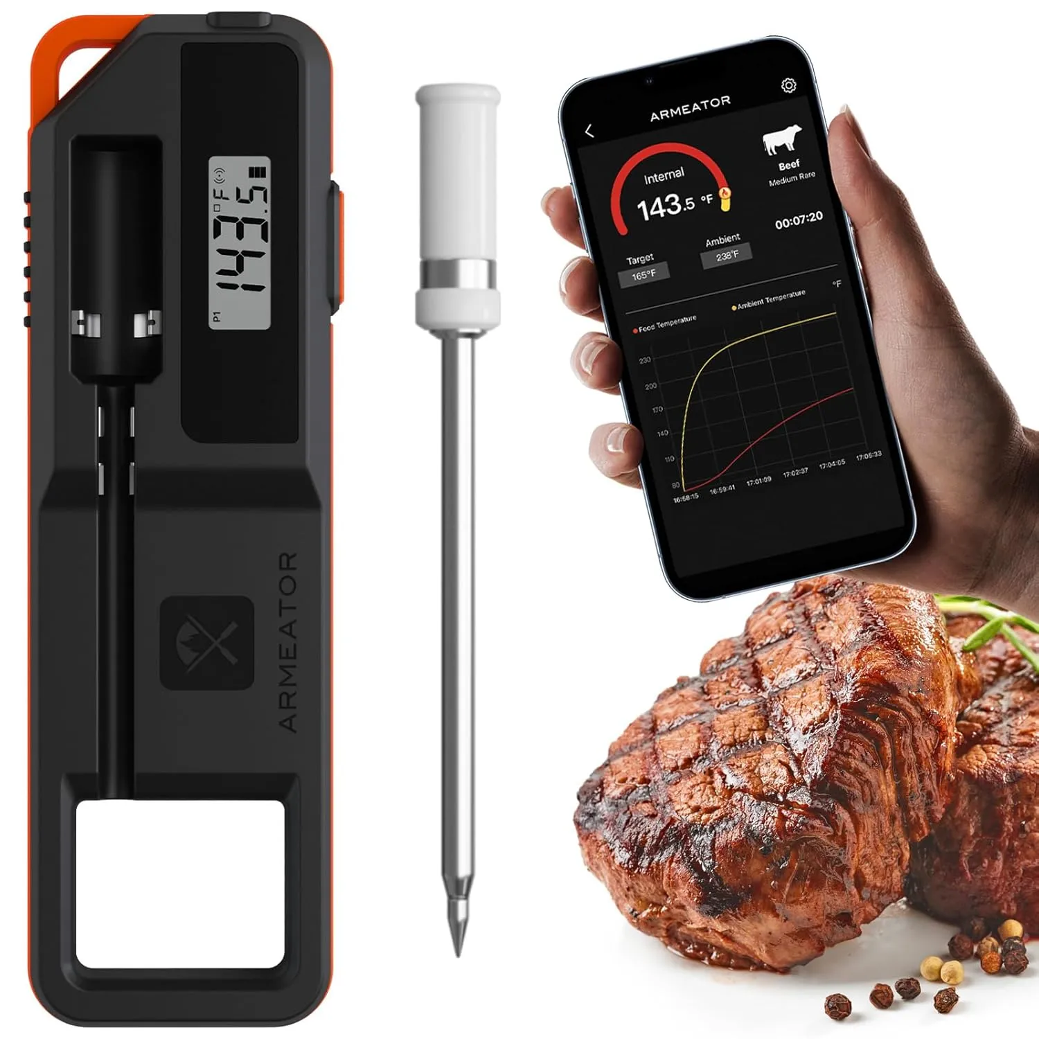 Instant Read Wireless Meat Thermometer Digital for Cooking Oven Air Fryer,Gifts for Men,Kitchen Gadgets Accessories Essentials,BBQ Grilling Waterproof Food Thermometers w/Ceramic Handle&LCD Display