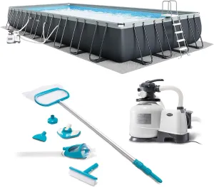 Intex 26373EH 32ft x 16ft x 52in Ultra XTR Frame Above Ground Rectangular Swimming Pool Set with Sand Filter Pump, Ladder, Cover, & Maintenance Kit
