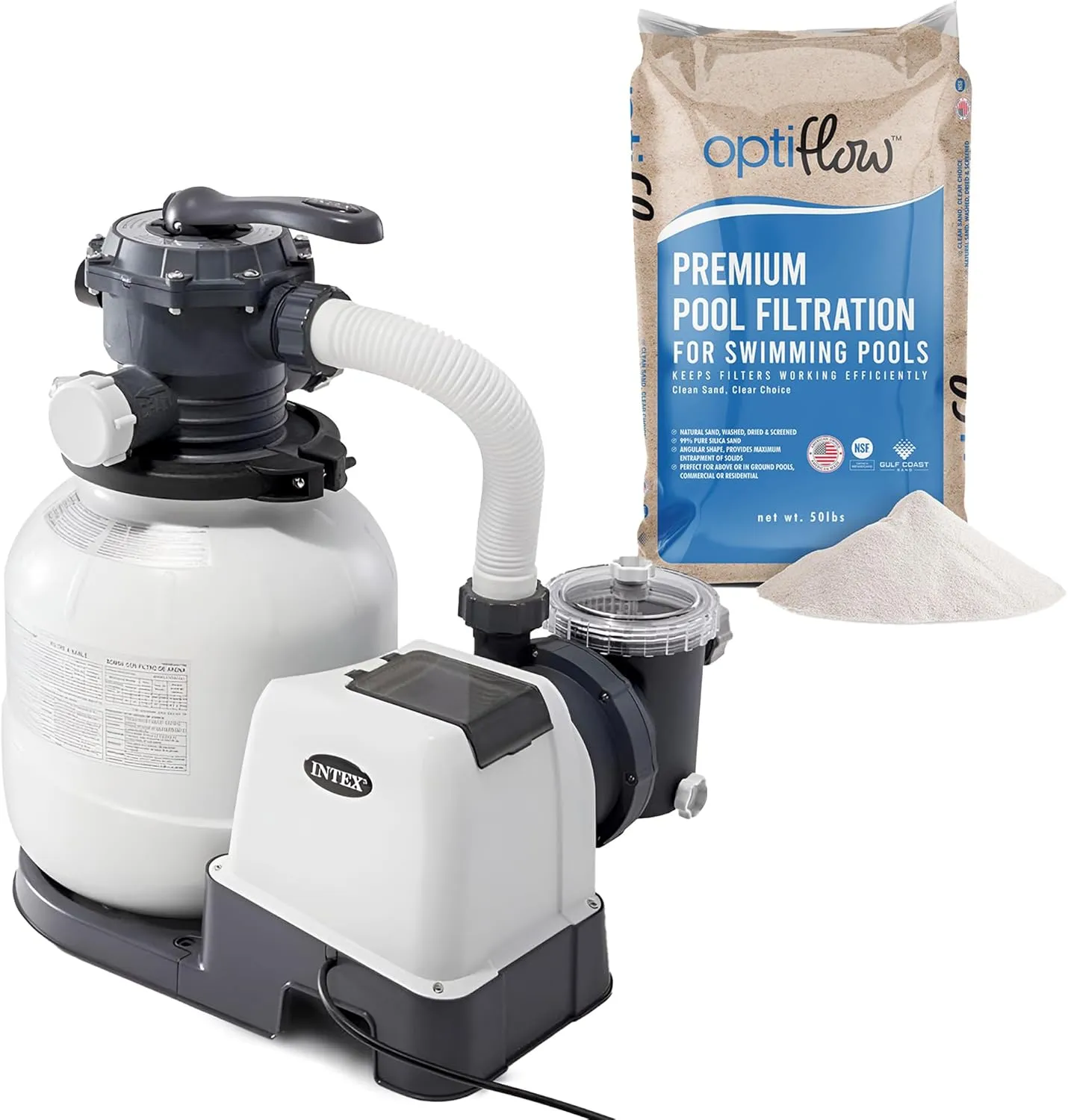 Intex 26645EG Krystal Clear 2100 GPH Sand Filter Pump for Above Ground Pools Bundled with OptiFlow Premium Pure Silica Filter Sand, 50 lb Bag