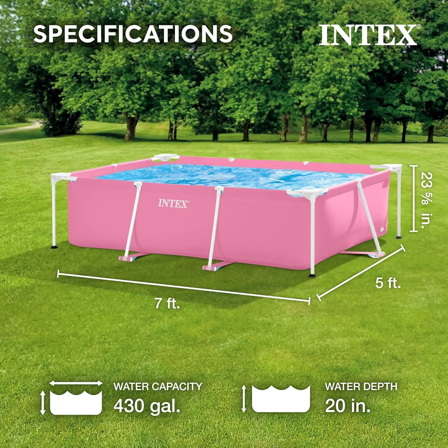 Intex 28266EH 7 Foot x 4 Foot x 24 Inch Rectangular Metal Frame Above Ground Outdoor Backyard Swimming Pool, 439 Gallons of Water, Pink