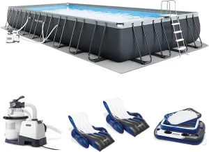 Intex 32'x16'x52 Rectangular Ultra XTR Frame Above Ground Pool with Sand Filter Pump, Ladder, Ground Cloth, Pool Cover, Floats (2 Pack), & Cooler