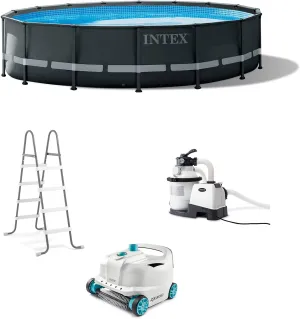 Intex Round Above Ground Swimming Pool Set - Bundle with 700 GPH Pump, Ladder, & Pool Cleaner Robot Vacuum, Ultra XTR, 16ft x 48in