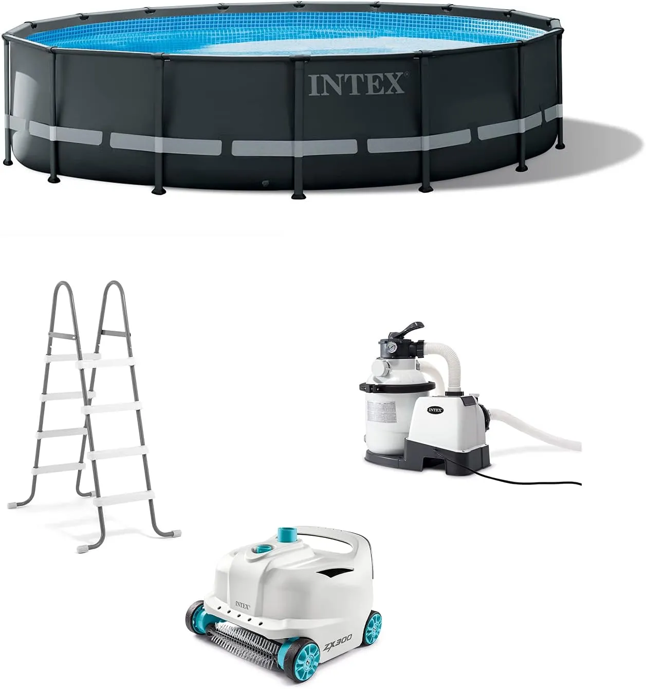 Intex Round Above Ground Swimming Pool Set - Bundle with 700 GPH Pump, Ladder, & Pool Cleaner Robot Vacuum, Ultra XTR, 16ft x 48in