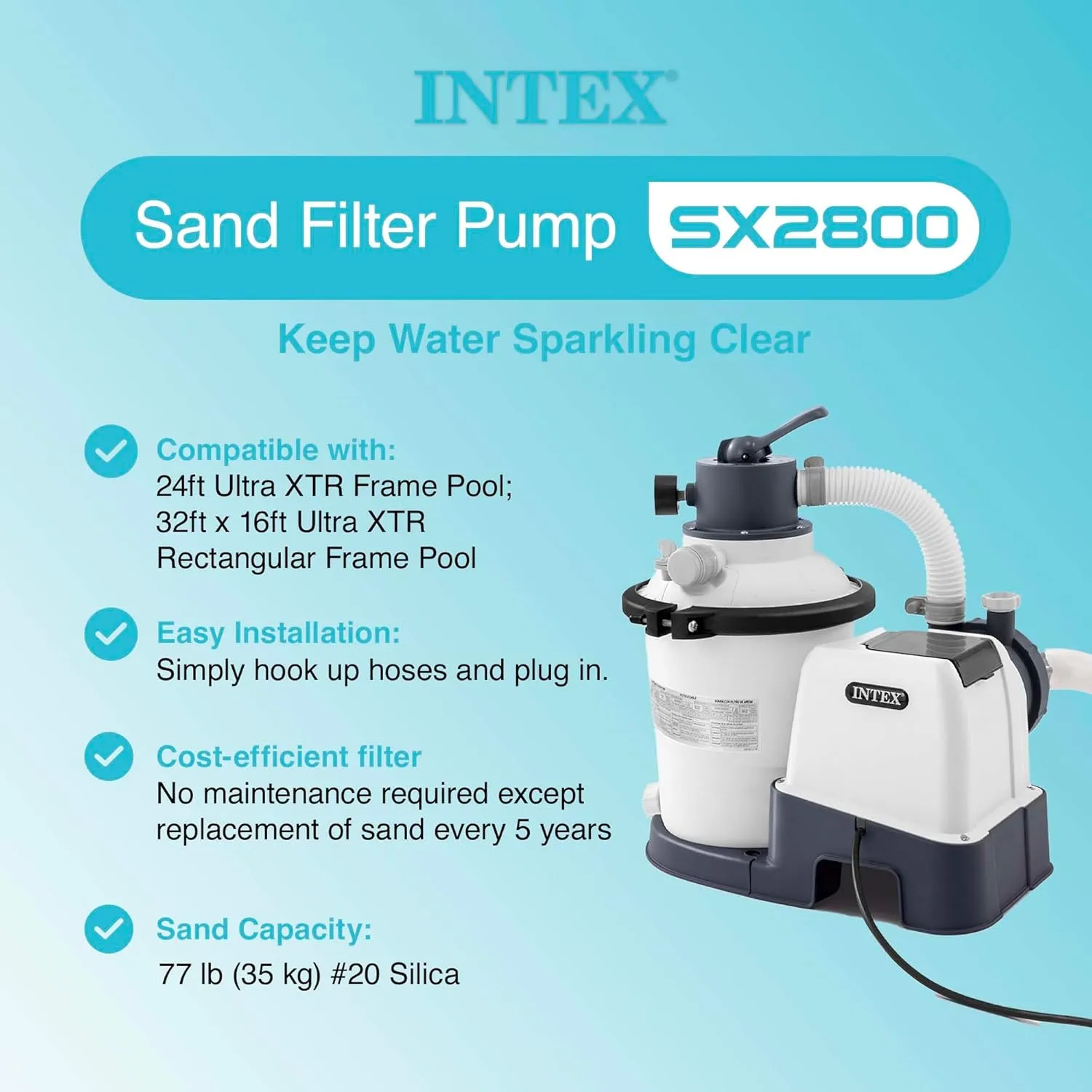 Intex SX2800 Krystal Clear Sand Filter Pump: 2800 GPH Pump Flow Rate – Improved Circulation and Filtration – Easy Installation – Improved Water Clarity – Easy-to-Clean