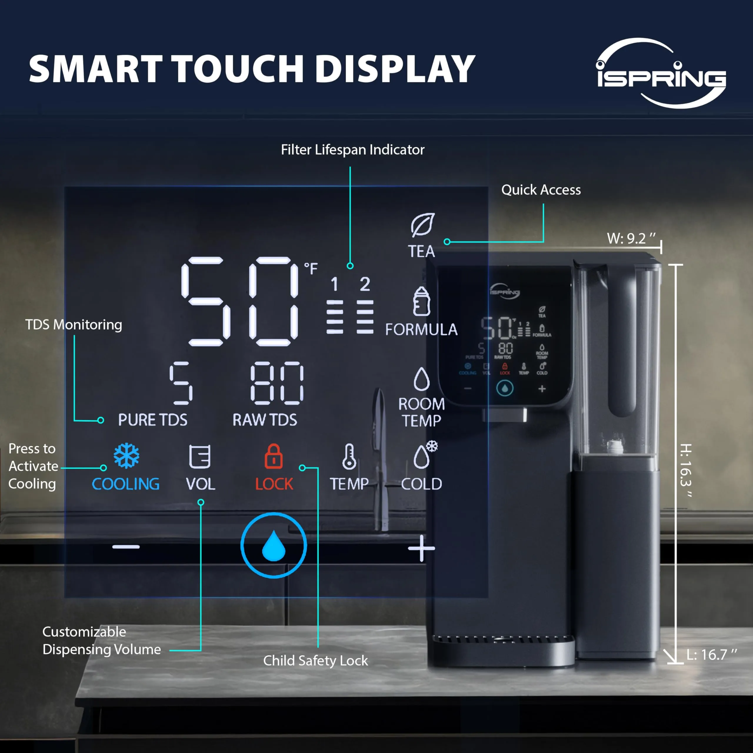 iSpring RCD100HCG Hot &amp; Cold Reverse Osmosis System Countertop, Alkaline RO Water Filter Dispenser, 9 Temperature &amp; 6 Dispensing Volume Options, TDS &amp; Filter Lifespan Monitor, Plug and Play