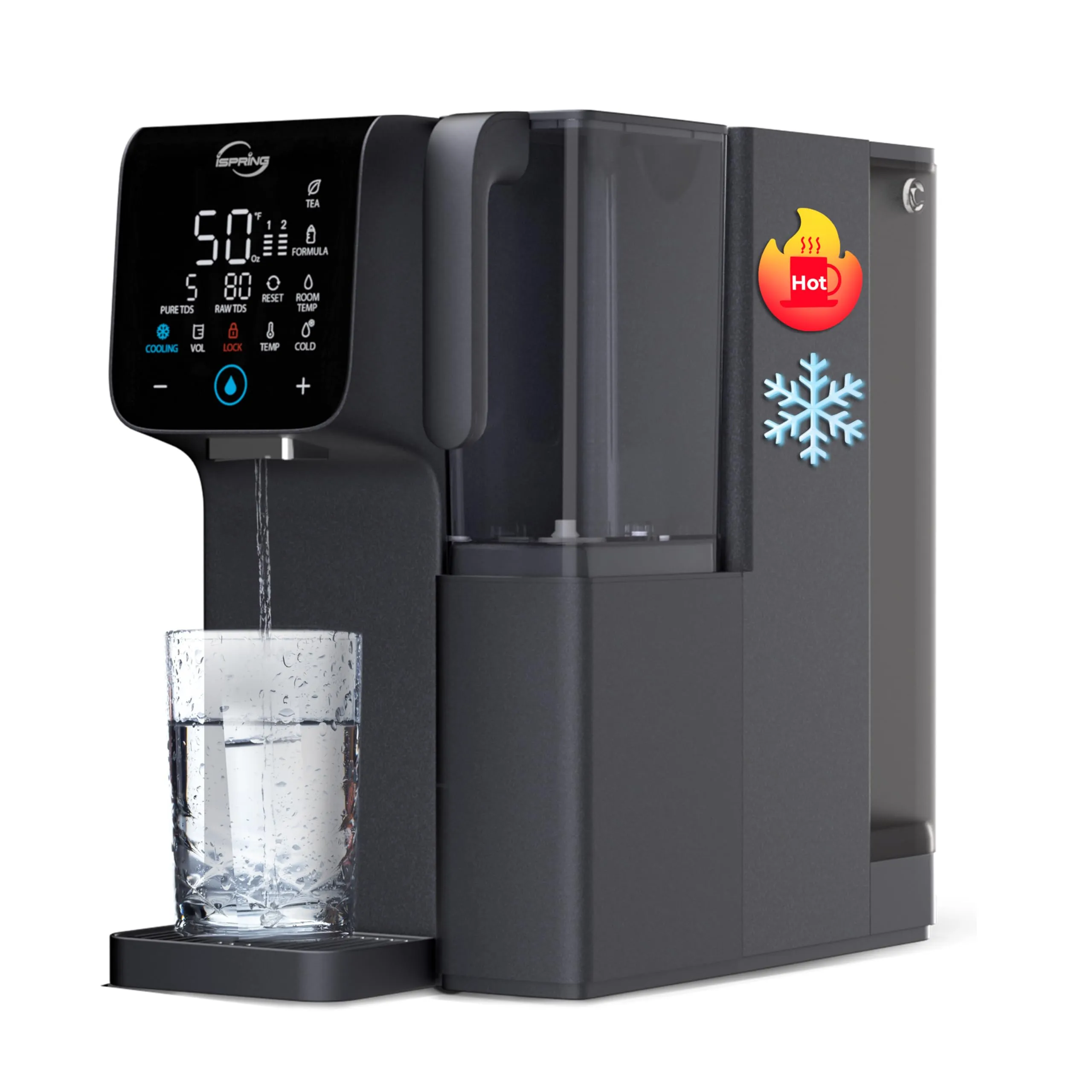 iSpring RCD100HCG Hot &amp; Cold Reverse Osmosis System Countertop, Alkaline RO Water Filter Dispenser, 9 Temperature &amp; 6 Dispensing Volume Options, TDS &amp; Filter Lifespan Monitor, Plug and Play