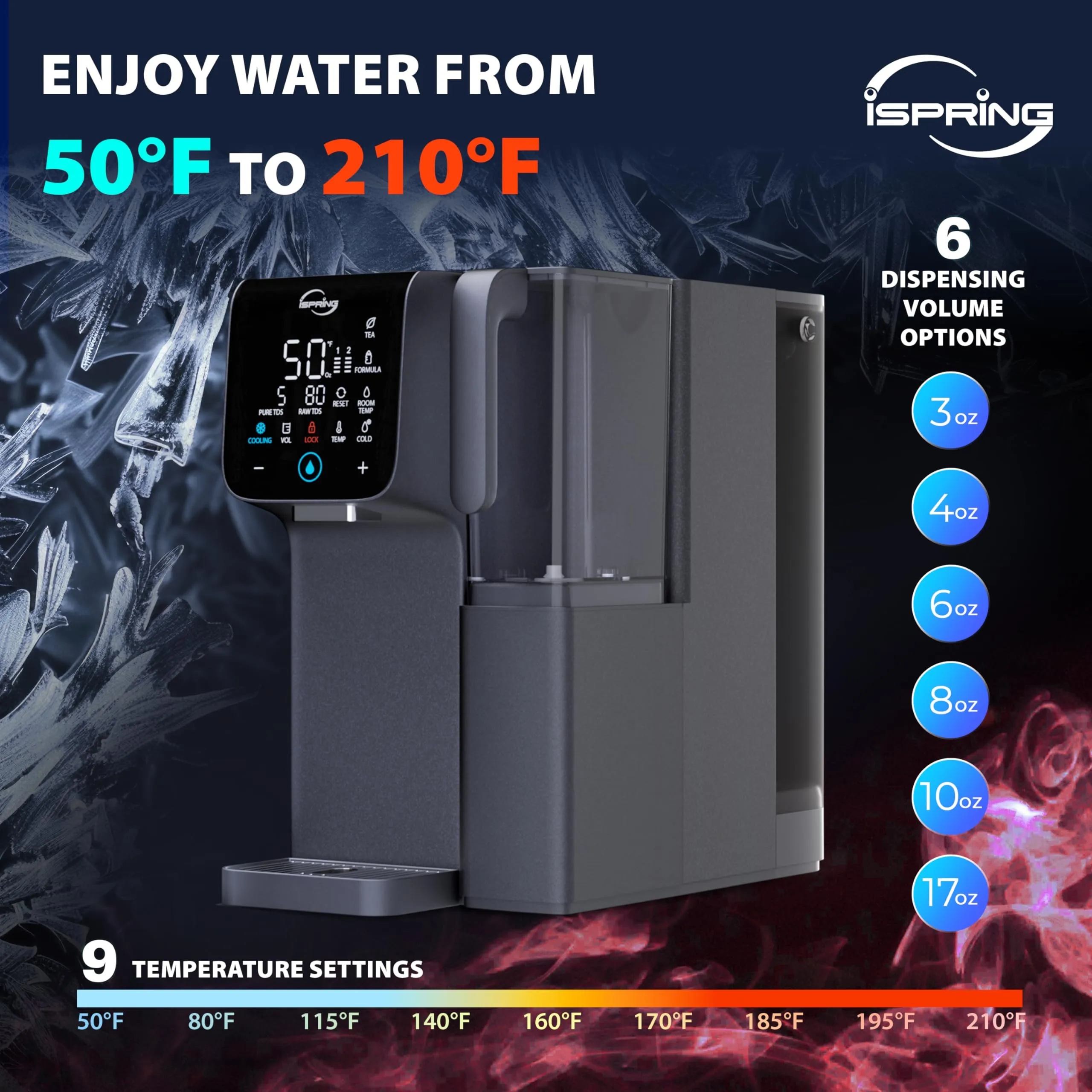iSpring RCD100HCG Hot &amp; Cold Reverse Osmosis System Countertop, Alkaline RO Water Filter Dispenser, 9 Temperature &amp; 6 Dispensing Volume Options, TDS &amp; Filter Lifespan Monitor, Plug and Play