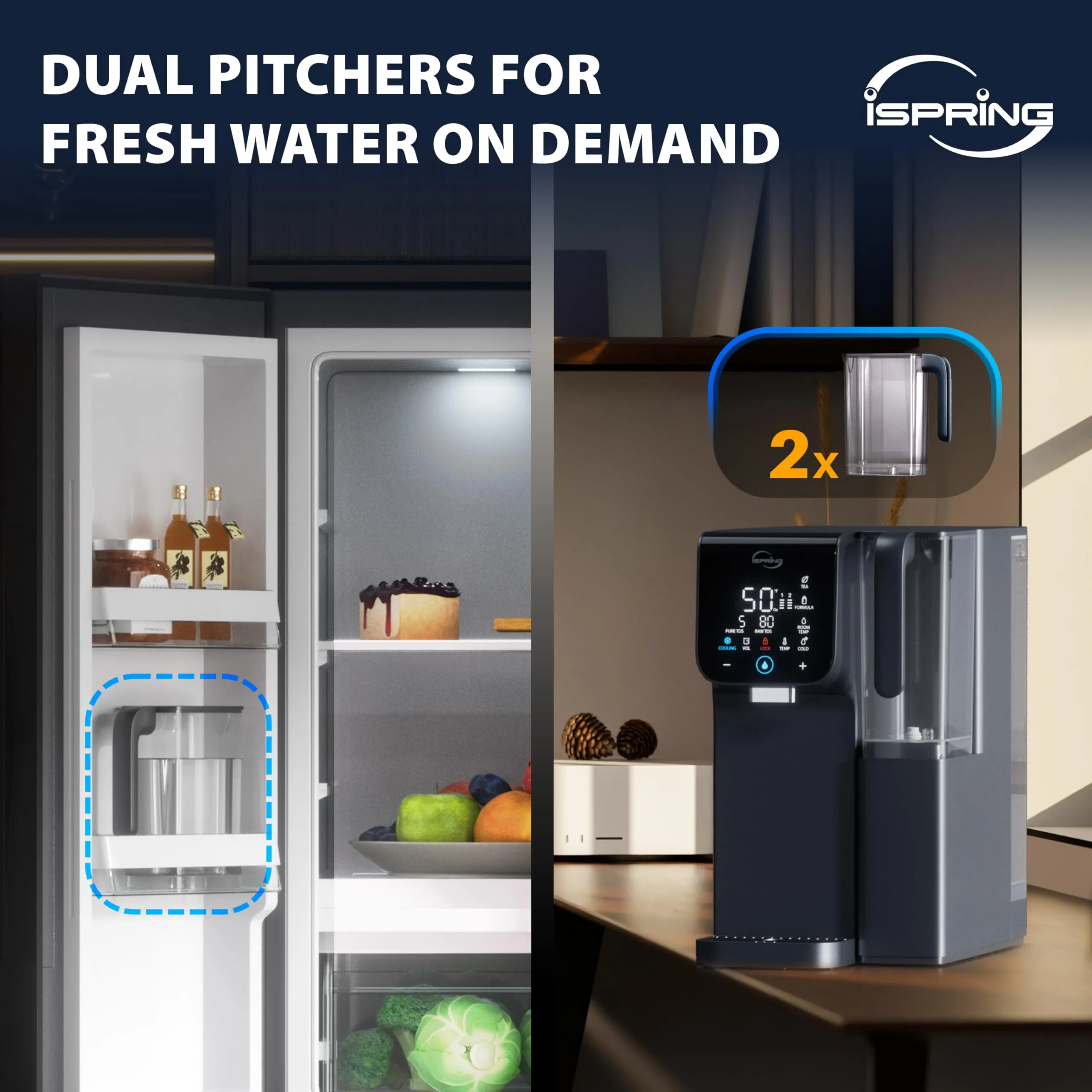 iSpring RCD100HCG Hot &amp; Cold Reverse Osmosis System Countertop, Alkaline RO Water Filter Dispenser, 9 Temperature &amp; 6 Dispensing Volume Options, TDS &amp; Filter Lifespan Monitor, Plug and Play