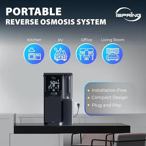 iSpring RCD100HCG Hot &amp; Cold Reverse Osmosis System Countertop, Alkaline RO Water Filter Dispenser, 9 Temperature &amp; 6 Dispensing Volume Options, TDS &amp; Filter Lifespan Monitor, Plug and Play