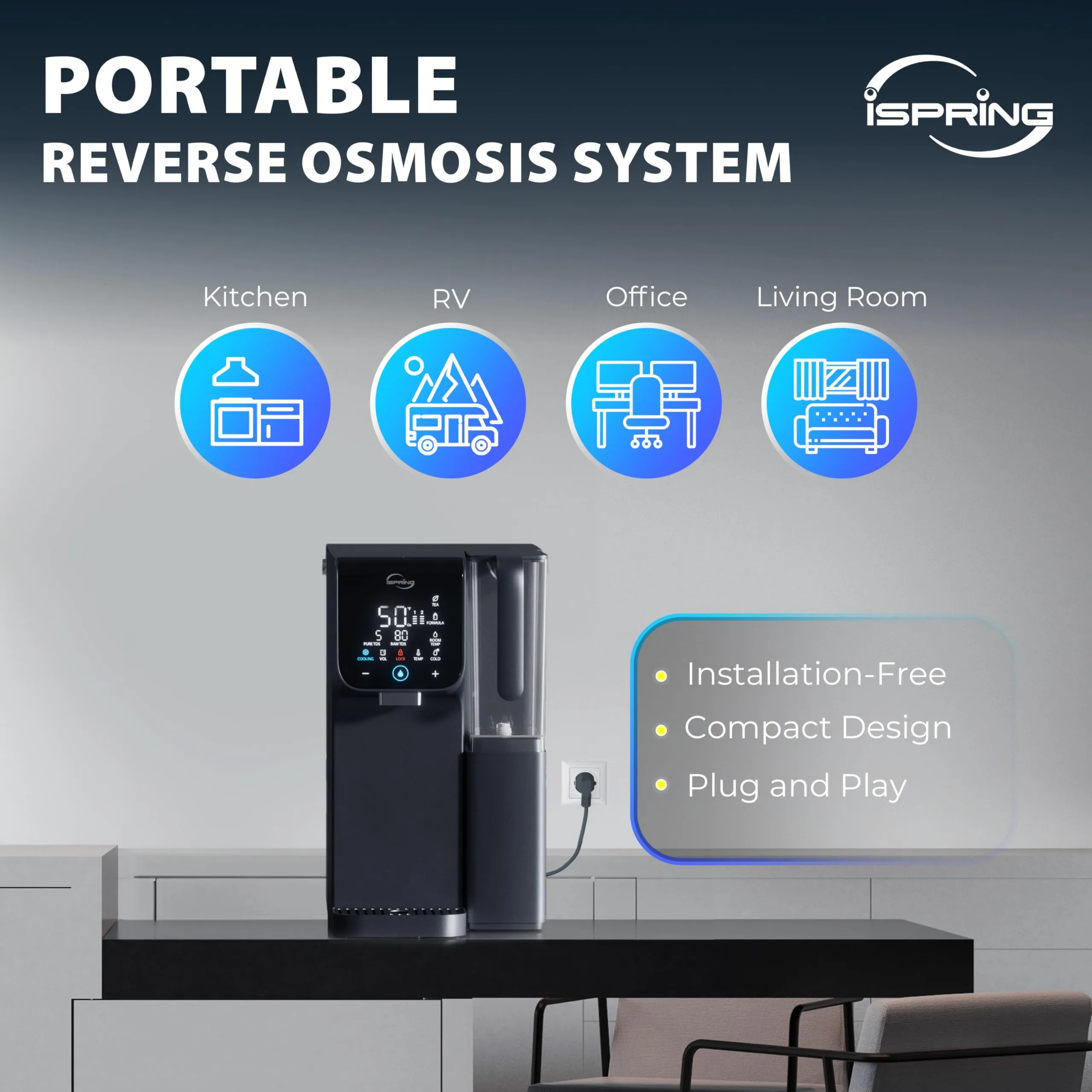 iSpring RCD100HCG Hot &amp; Cold Reverse Osmosis System Countertop, Alkaline RO Water Filter Dispenser, 9 Temperature &amp; 6 Dispensing Volume Options, TDS &amp; Filter Lifespan Monitor, Plug and Play