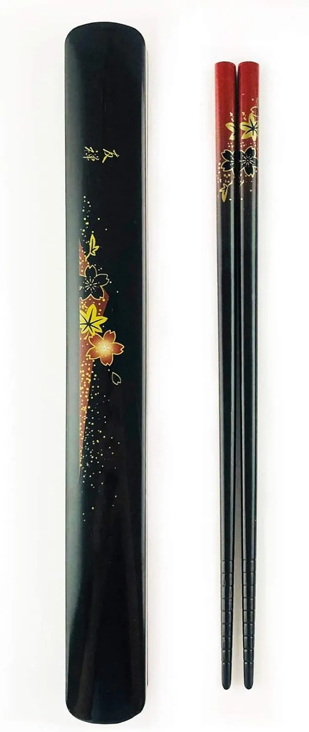JapanBargain, Travel Chopsticks with Case Reusable Chinese Korean Japanese Bamboo Portable Chop Sticks Utensil Dishwasher Safe Made in Japan (10, Red-Yuzen)