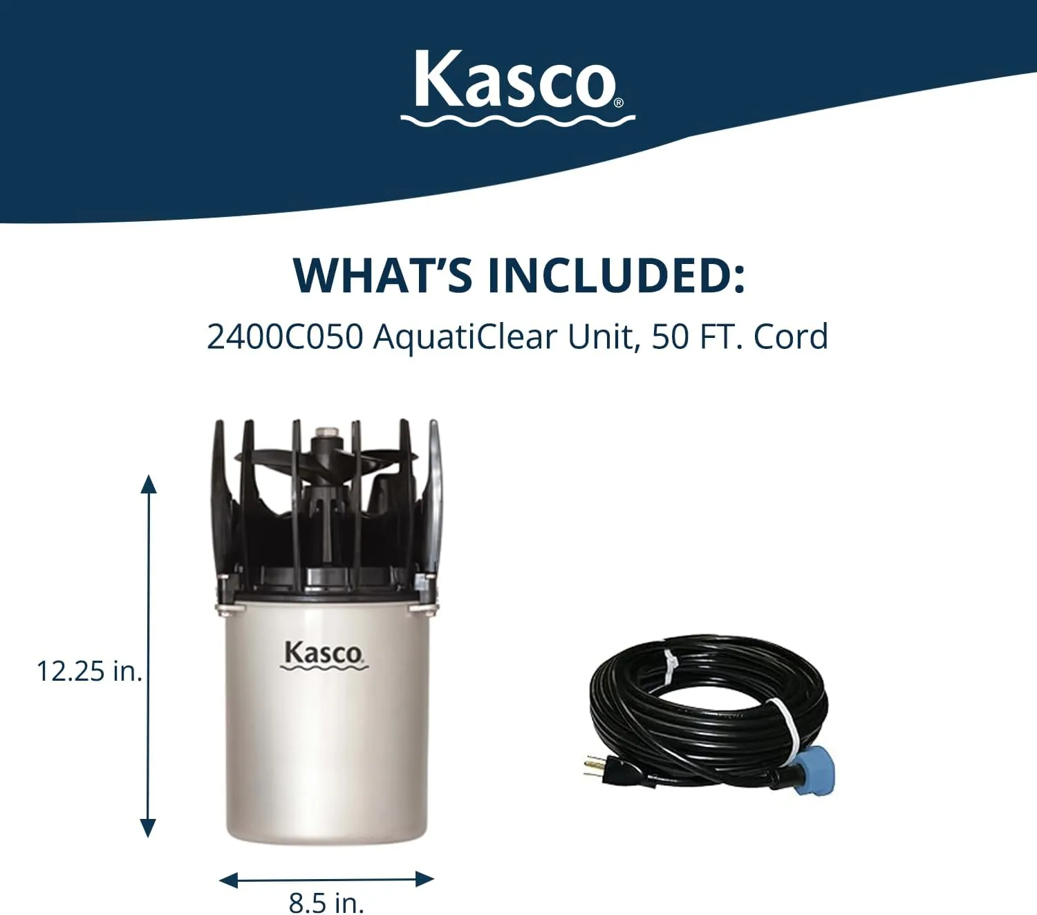Kasco AquatiClear Water Circulator Pump, 1/2 HP 120V with 50 ft. Electric Power Cord, Clog-Resistant Water Circulation Pump to Keep Dock, Marina & Shoreline Free of Debris