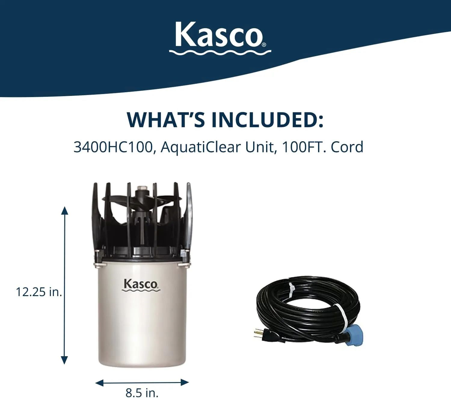 Kasco AquatiClear Water Circulator Pump, 3/4 HP 240V with 100 ft. Electric Power Cord, Clog-Resistant Water Circulation Pump to Keep Dock, Marina & Shoreline Free of Debris.