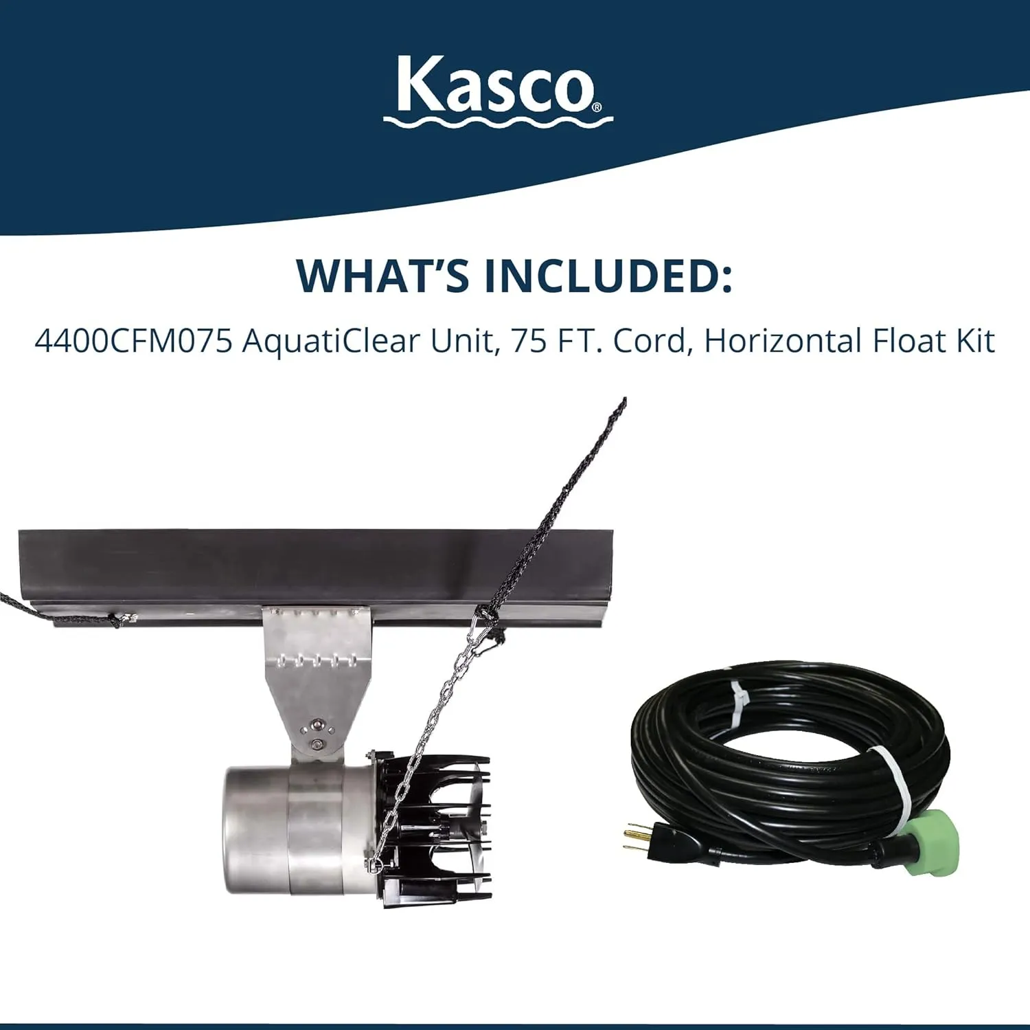 Kasco AquatiClear Water Circulator Pump w/Horizontal Float, 1 HP 120V with 75 ft. Electric Power Cord, Clog-Resistant Water Circulation Pump to Keep Dock, Marina & Shoreline Free of Debris