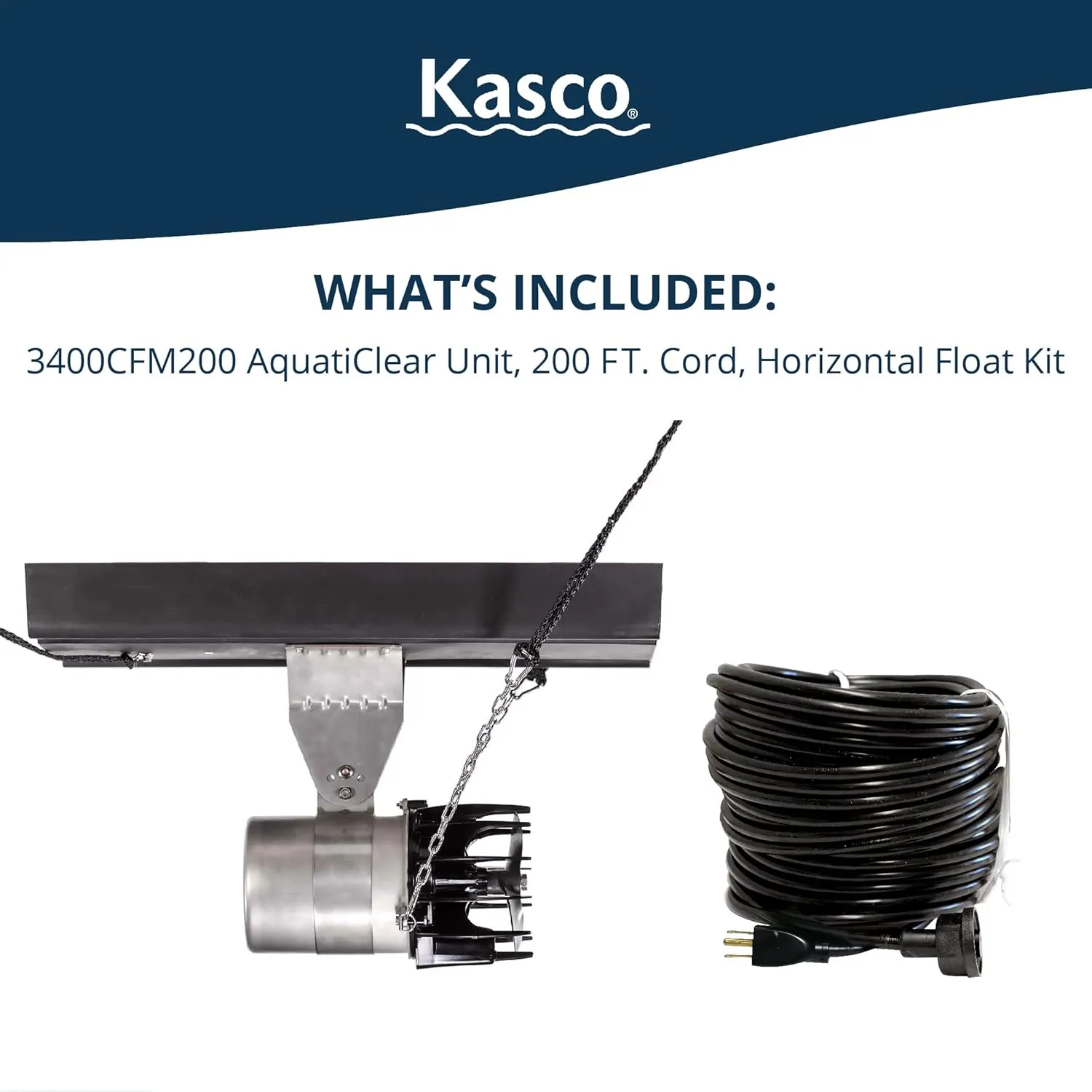 Kasco AquatiClear Water Circulator Pump w/Horizontal Float, 3/4 HP 120V with 200 ft. Electric Power Cord, Clog-Resistant Water Circulation Pump to Keep Dock, Marina & Shoreline Free of Debris