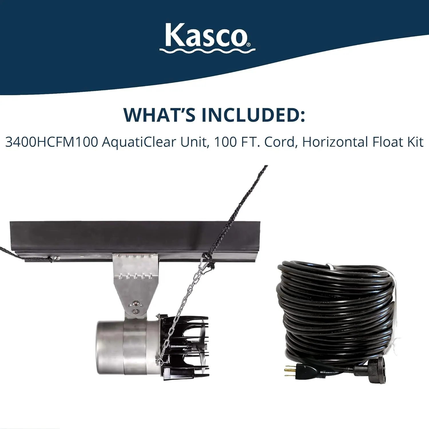 Kasco AquatiClear Water Circulator Pump w/Horizontal Float, 3/4 HP 240V with 100 ft. Electric Power Cord, Clog-Resistant Water Circulation Pump to Keep Dock, Marina & Shoreline Free of Debris