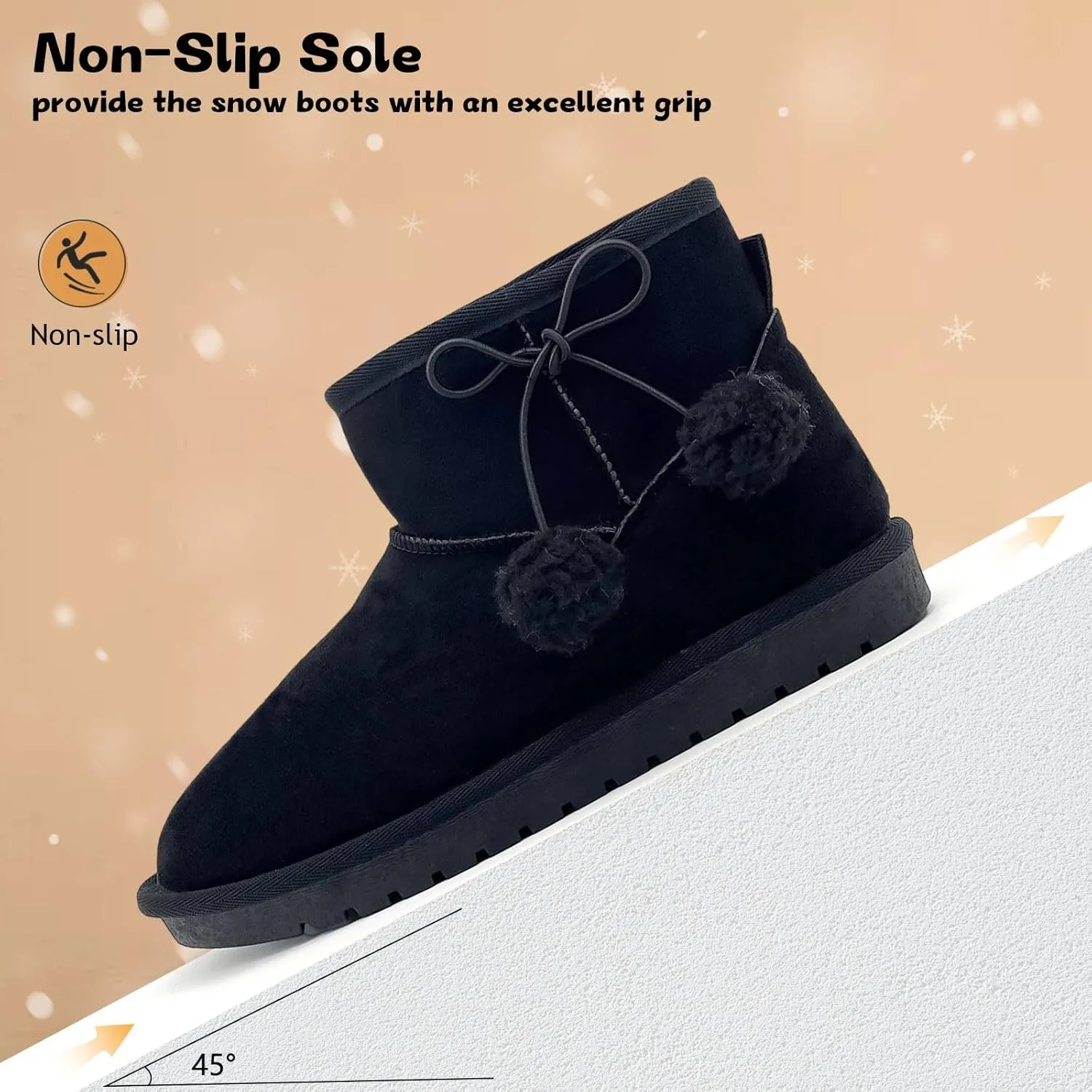 Kids Snow Boots Girls Boys Outdoor Warm Slip On Fur Lining Lightweight Anti-Slip Winter Shoes