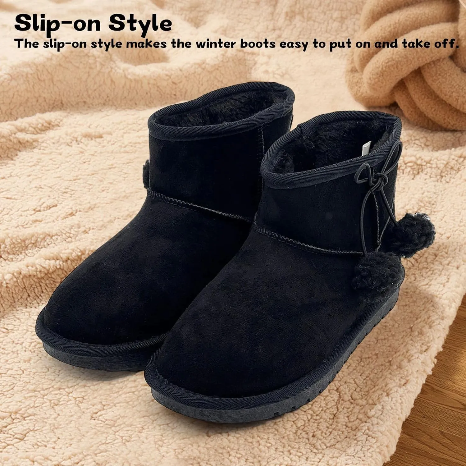 Kids Snow Boots Girls Boys Outdoor Warm Slip On Fur Lining Lightweight Anti-Slip Winter Shoes