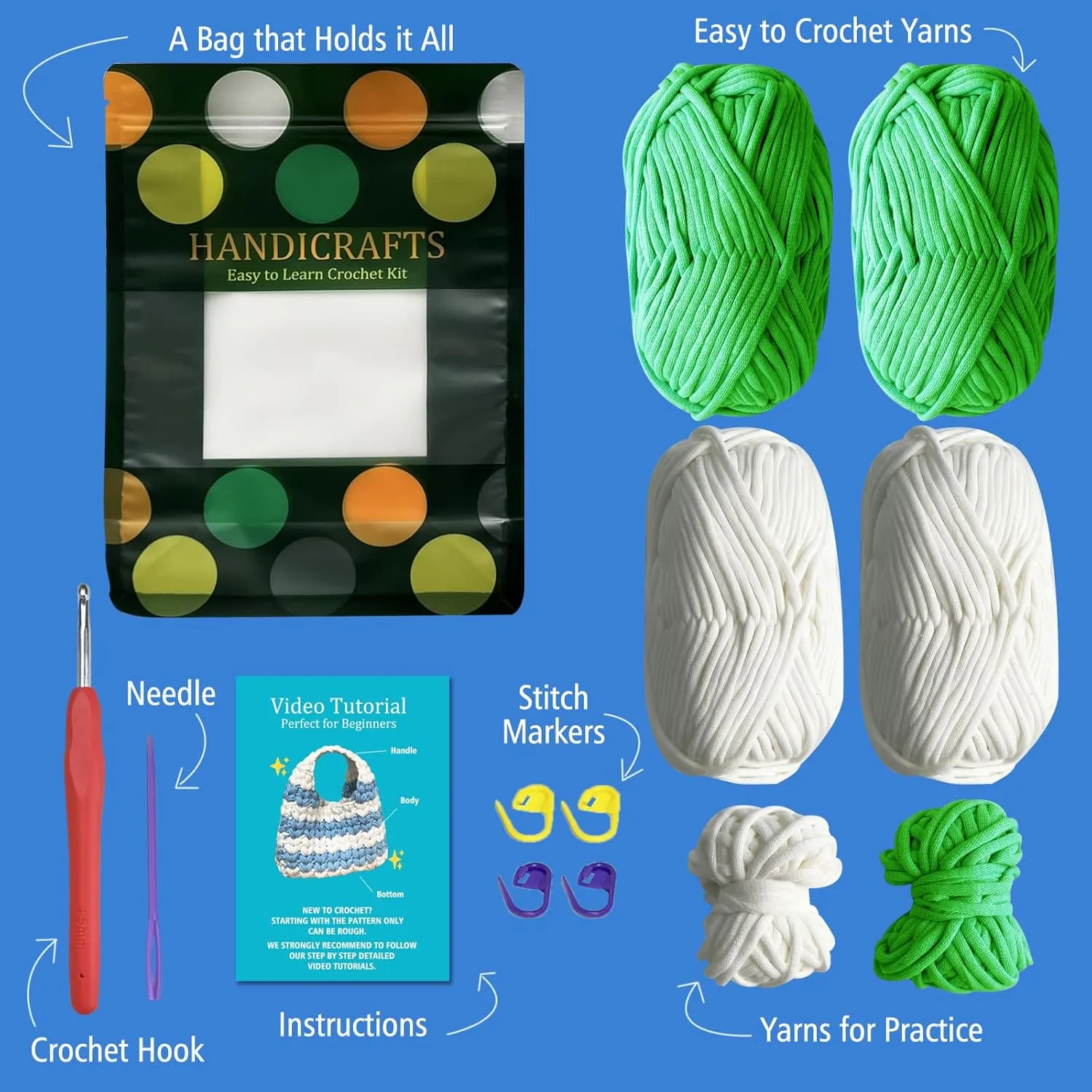Kitcroet Crochet Bag Kit for Beginners Bag Kit for Adults with Step by Step Video Tutorials DIY Crochet Starter Knitting Supplies, Handbag, Green