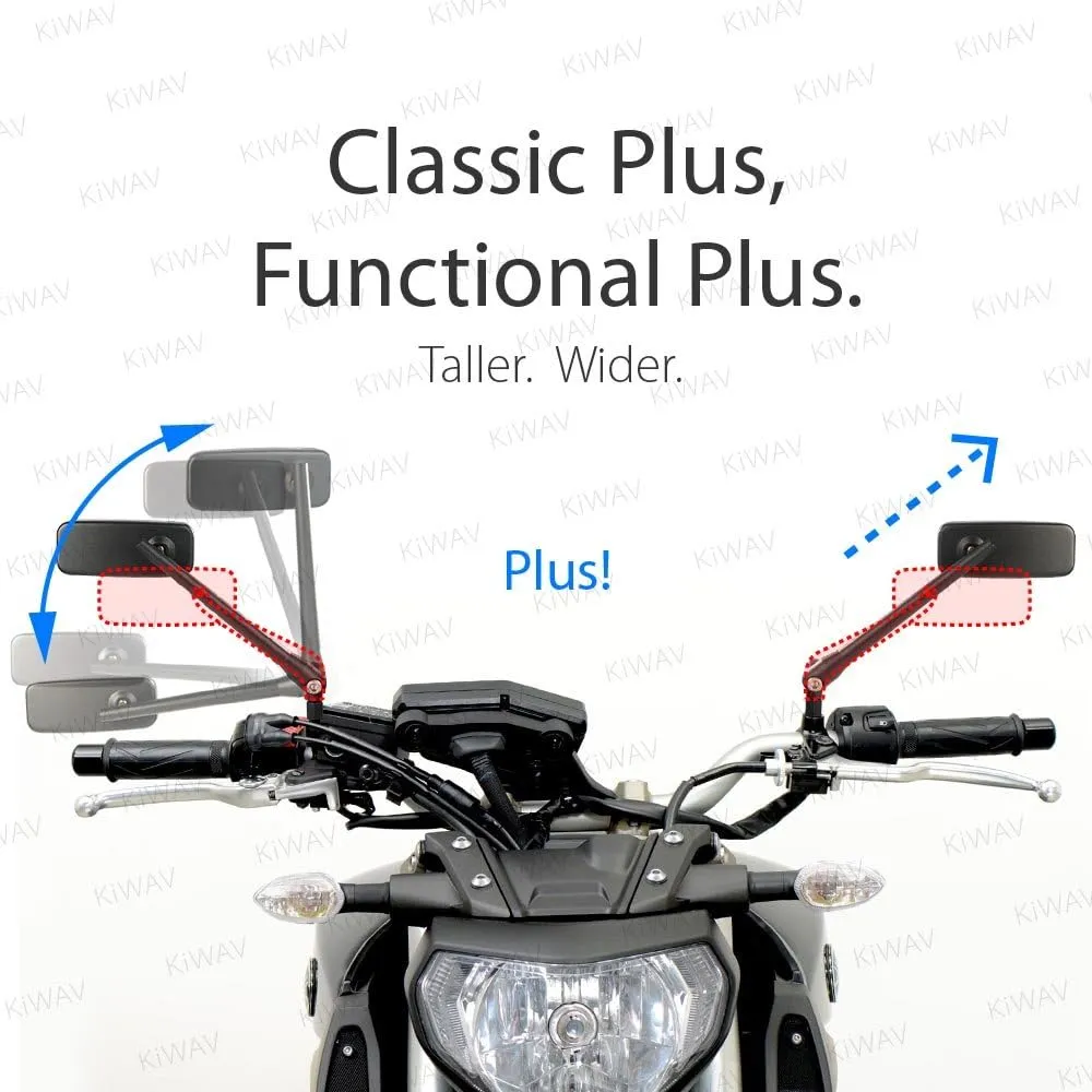 KiWAV Motorcycle Mirrors Rectangular ClassicPlus Black Convex Aspherical Anti-Glare Blue Tinted Glass Longer Stem 10mm 5/16 Inches Adapters for Cafe Racer Bobber Chopper Road Bike Pack of Pair