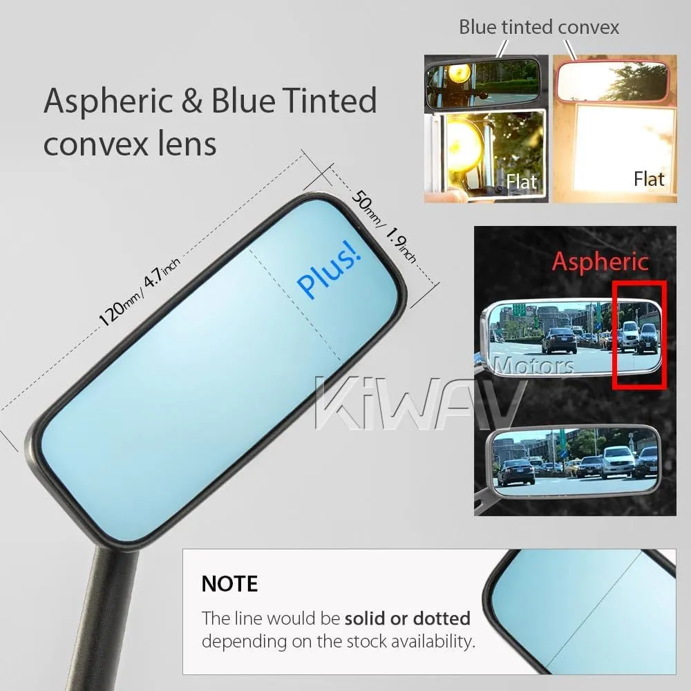 KiWAV Motorcycle Mirrors Rectangular ClassicPlus Black Convex Aspherical Anti-Glare Blue Tinted Glass Longer Stem 10mm 5/16 Inches Adapters for Cafe Racer Bobber Chopper Road Bike Pack of Pair