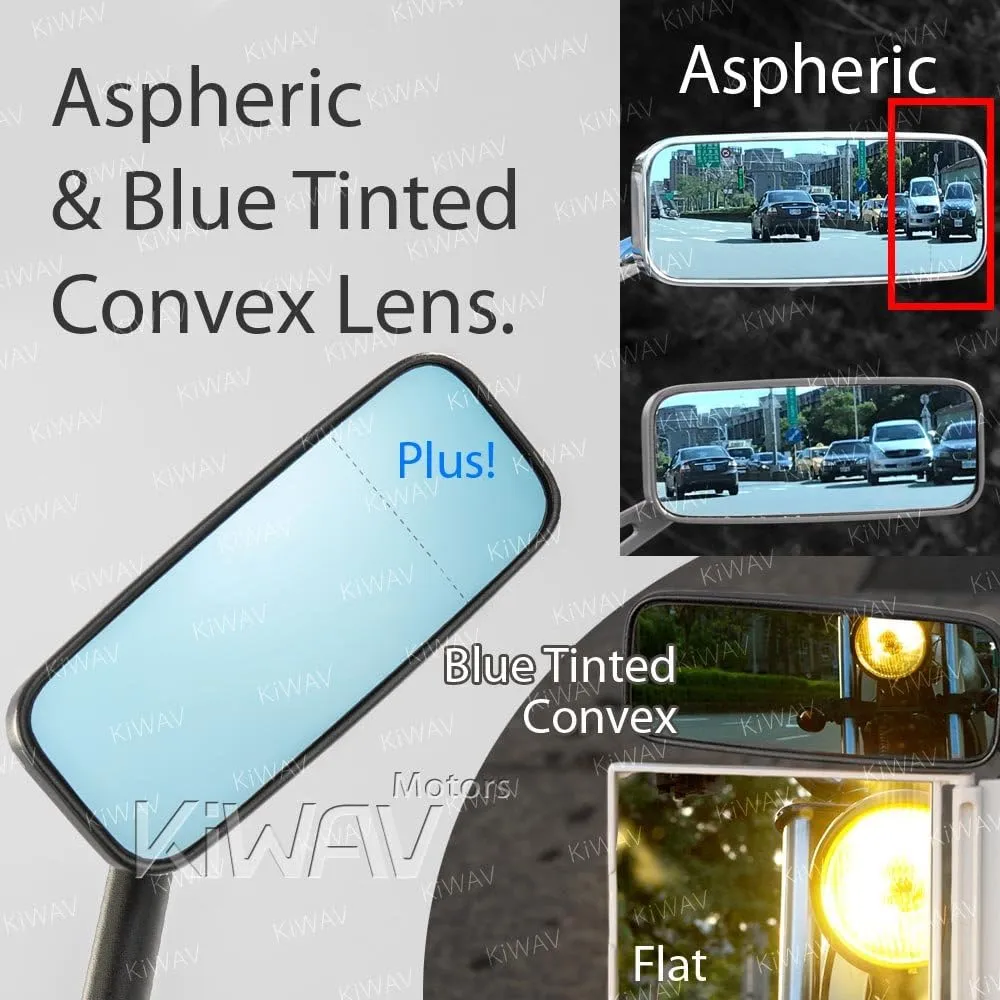 KiWAV Motorcycle Mirrors Rectangular ClassicPlus Black Convex Aspherical Anti-Glare Blue Tinted Glass Longer Stem 10mm 5/16 Inches Adapters for Cafe Racer Bobber Chopper Road Bike Pack of Pair