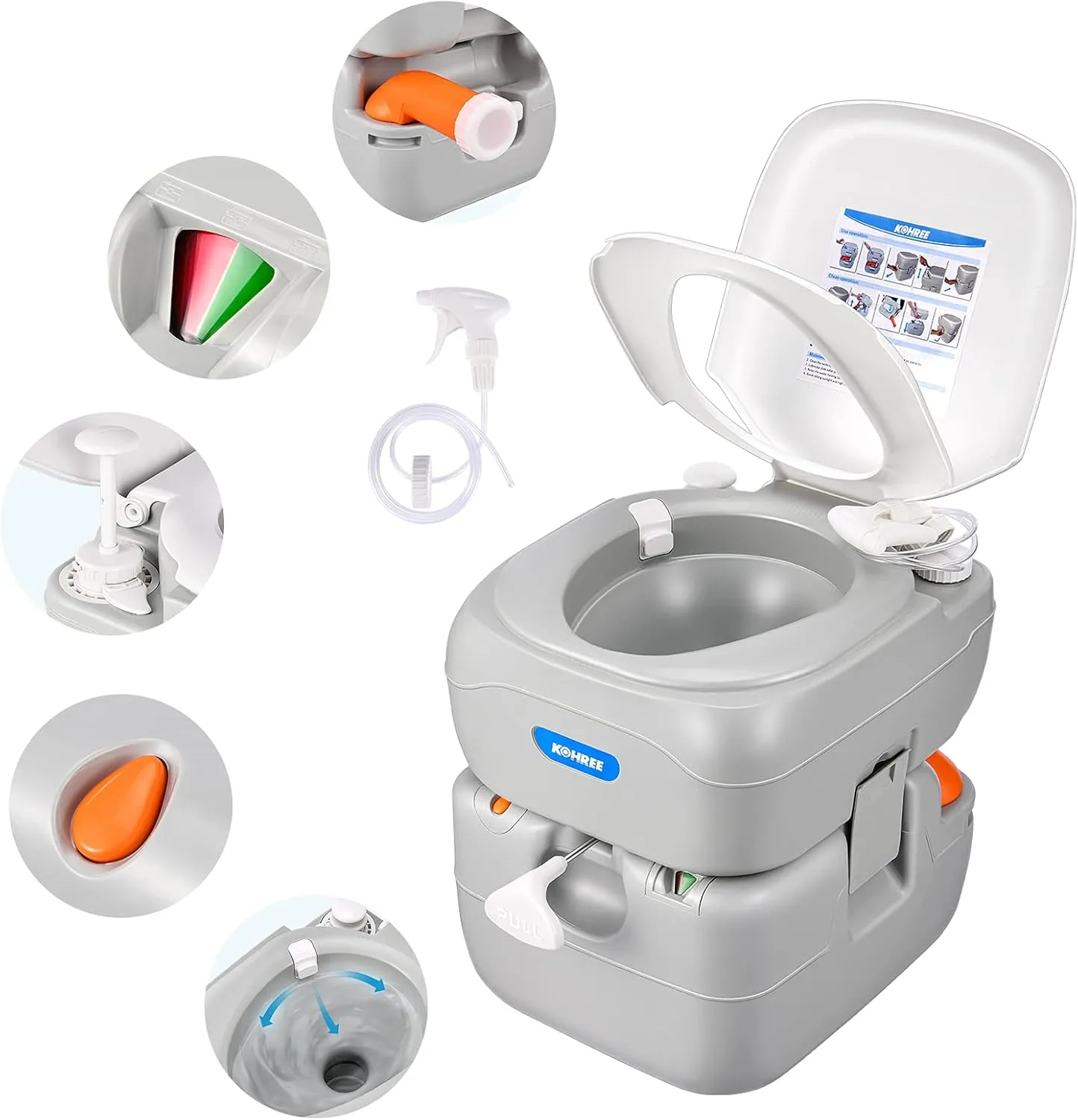 Kohree 5.8 Gal Portable Toilet for Adults: Large Camping Toilet with Detachable Waste Tank, Leak-Proof Cassette with Level Indicator, Flushable Boat Porta Potty for Home Use, Camper, RV Travel