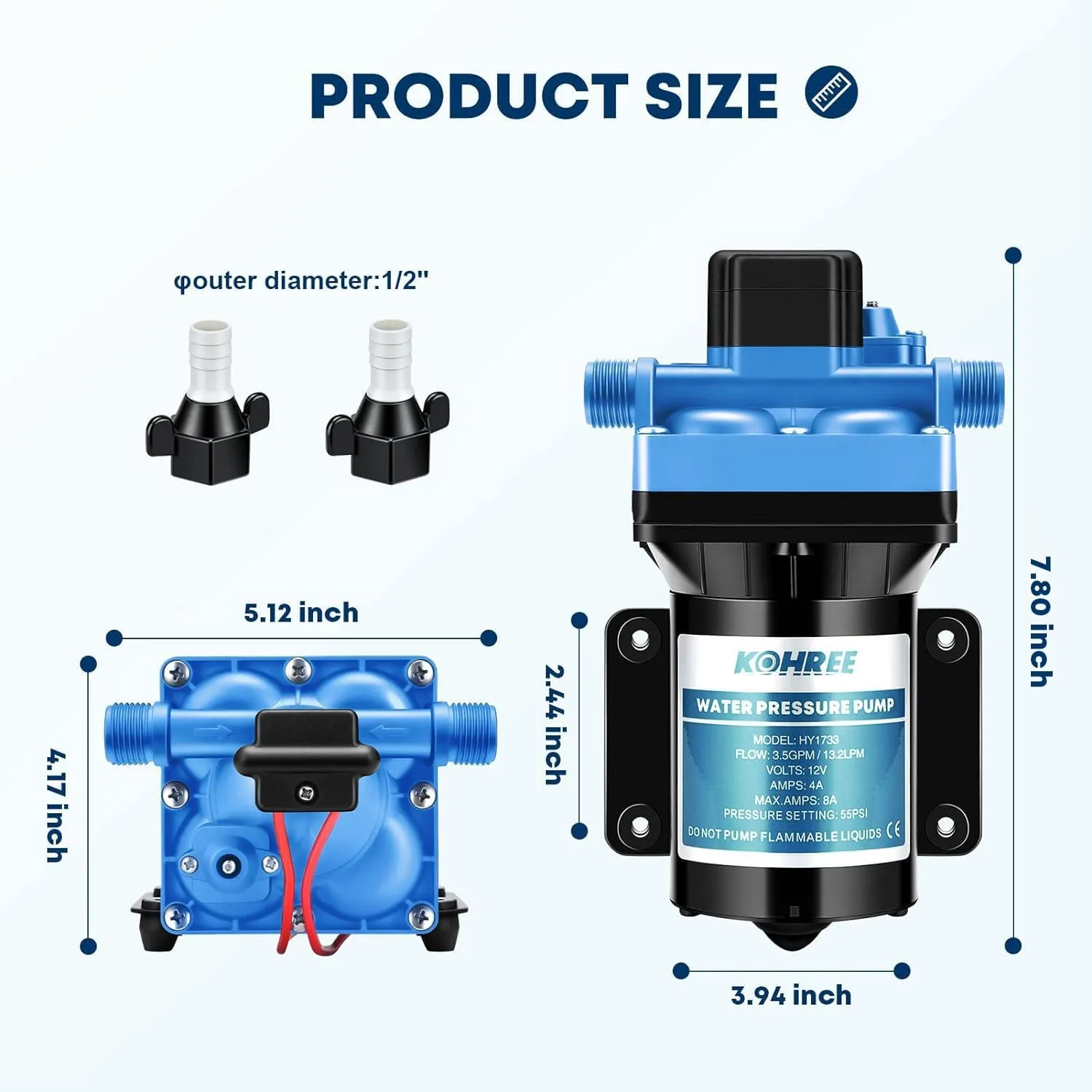 Kohree RV Water Pump 3.5GPM 55PSI 12V Quiet DC Diaphragm Fresh Water Pump for Camper, RV Marine, Yacht, Caravan, with Pressure Switch