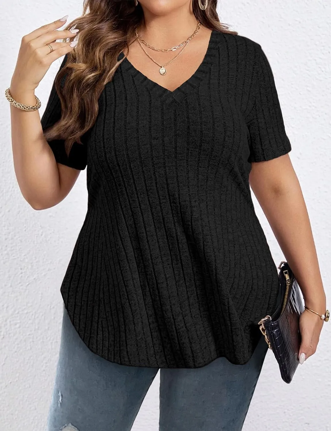 Koscacy Women's Plus Size Casual Tops V Neck Solid Color Shirts Lightweight Short Sleeve Blouses