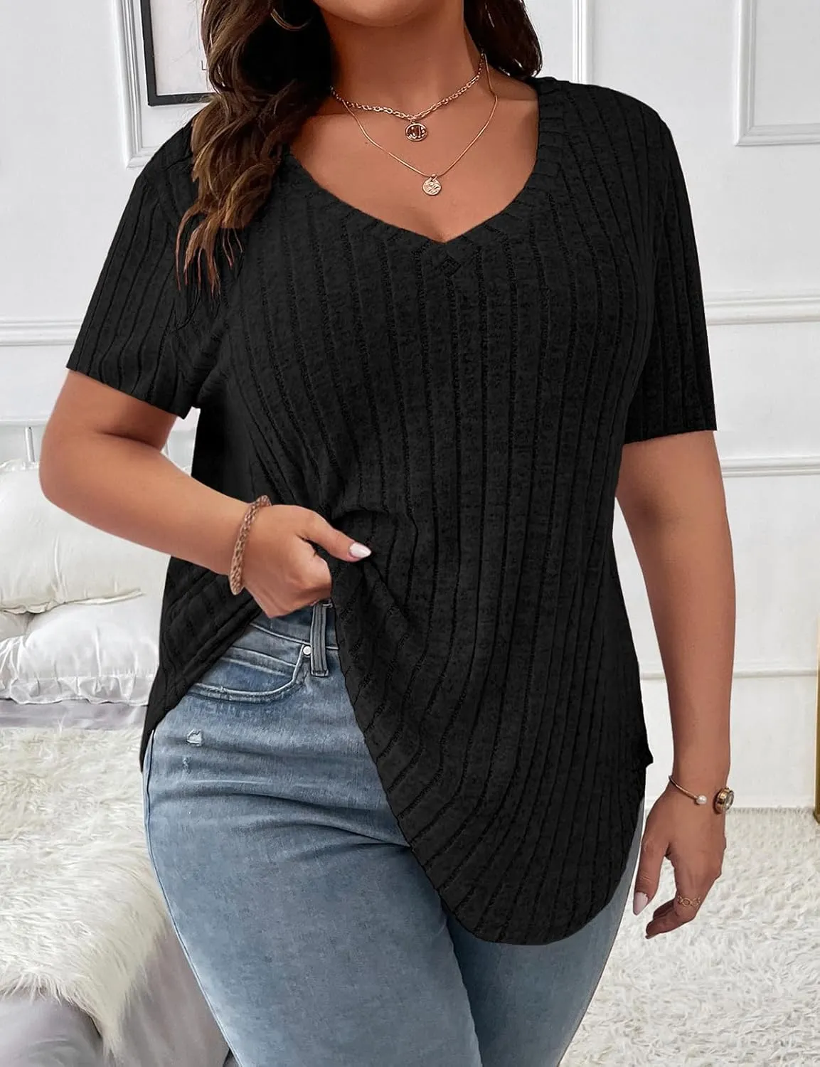 Koscacy Women's Plus Size Casual Tops V Neck Solid Color Shirts Lightweight Short Sleeve Blouses