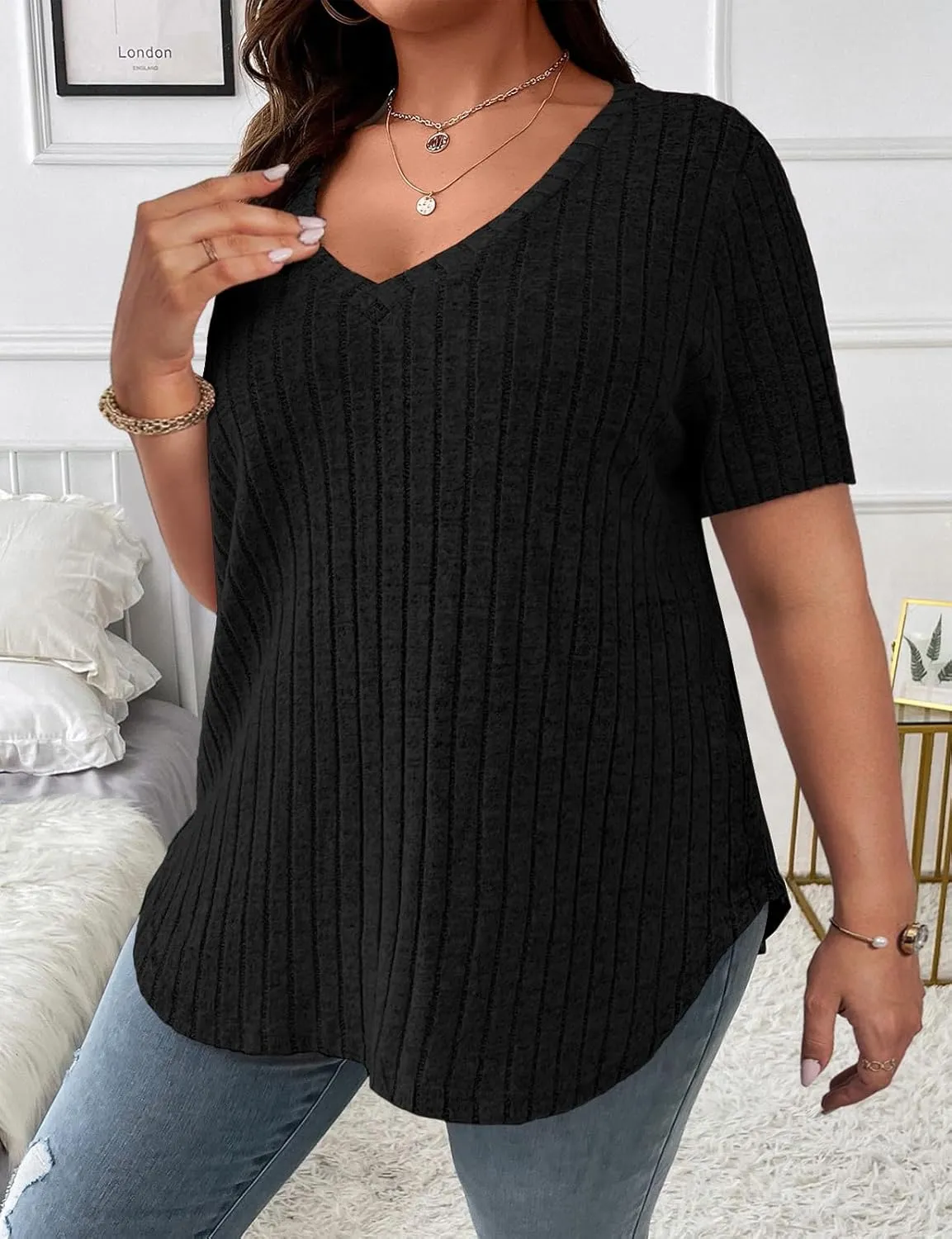 Koscacy Women's Plus Size Casual Tops V Neck Solid Color Shirts Lightweight Short Sleeve Blouses