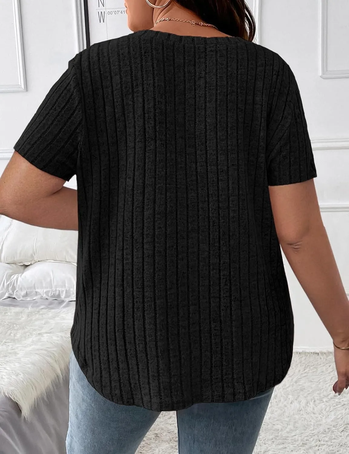 Koscacy Women's Plus Size Casual Tops V Neck Solid Color Shirts Lightweight Short Sleeve Blouses