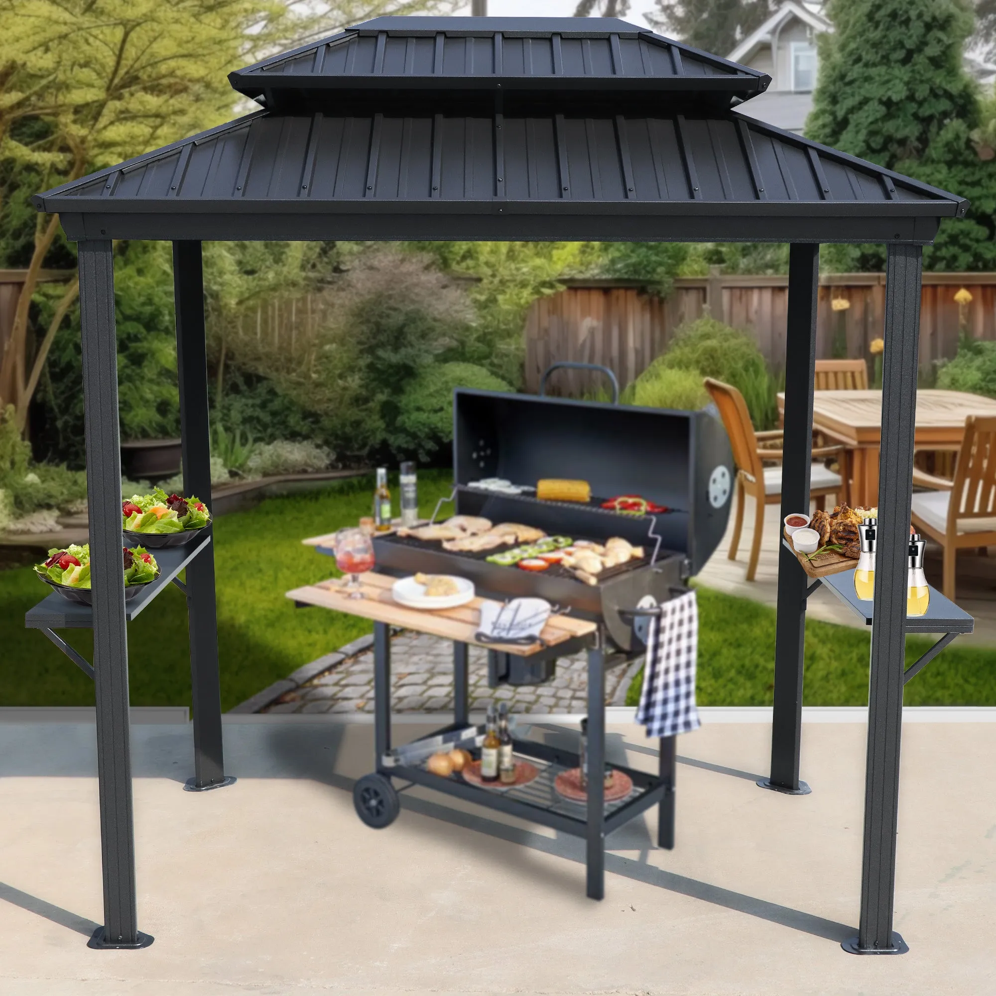 Kozyard 6’ x 8’ BBQ Hardtop Grill Gazebo, Outdoor Barbecue Gazebo with Double Galvanized Steel Roof, Aluminum BBQ Gazebo with 2 Side Shelves for Patio Lawn Garden