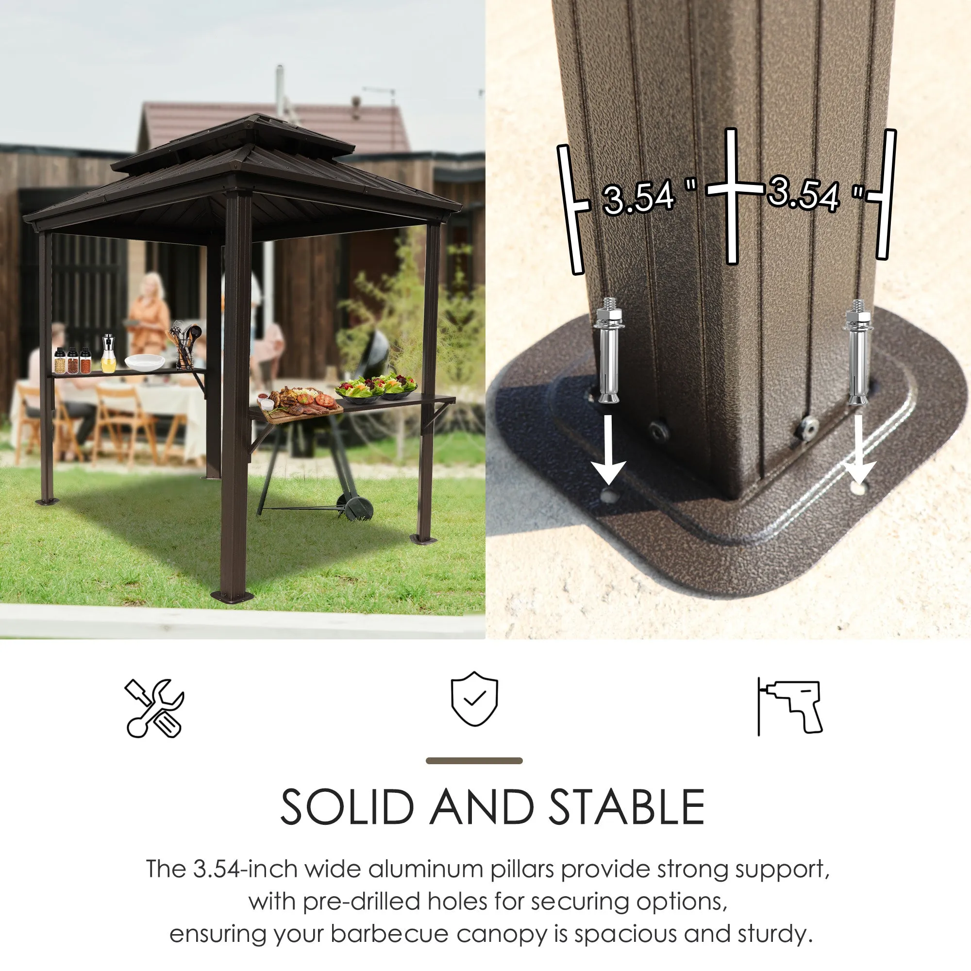 Kozyard 6’ x 8’ BBQ Hardtop Grill Gazebo, Outdoor Barbecue Gazebo with Double Galvanized Steel Roof, Aluminum BBQ Gazebo with 2 Side Shelves for Patio Lawn Garden