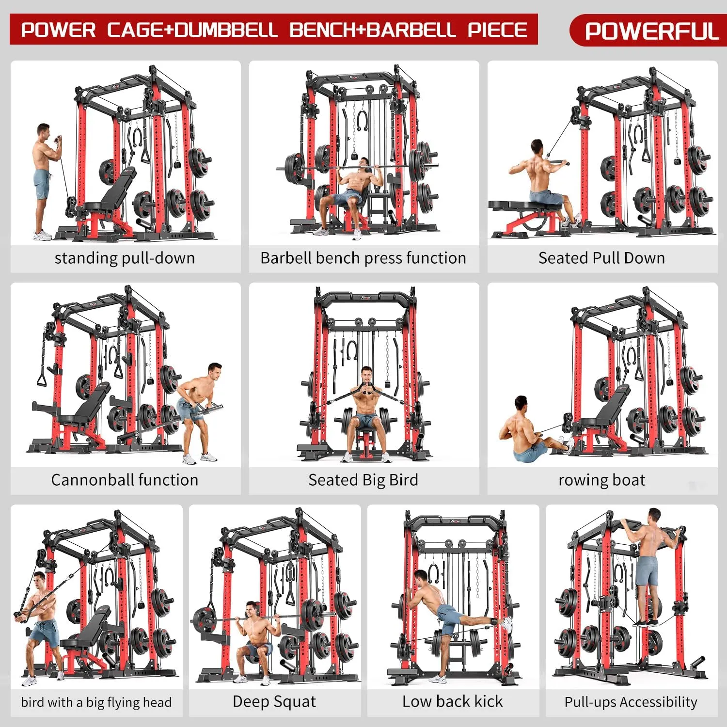 L02 Power Cages Multi-Purpose Squat Rack with Cable Crossover System, Matching Weight Bench, Olympic Barbell Weight Set for Garage and Home Gyms