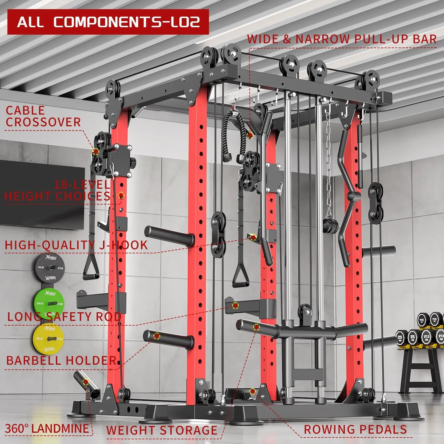 L02 Power Cages Multi-Purpose Squat Rack with Cable Crossover System, Matching Weight Bench, Olympic Barbell Weight Set for Garage and Home Gyms