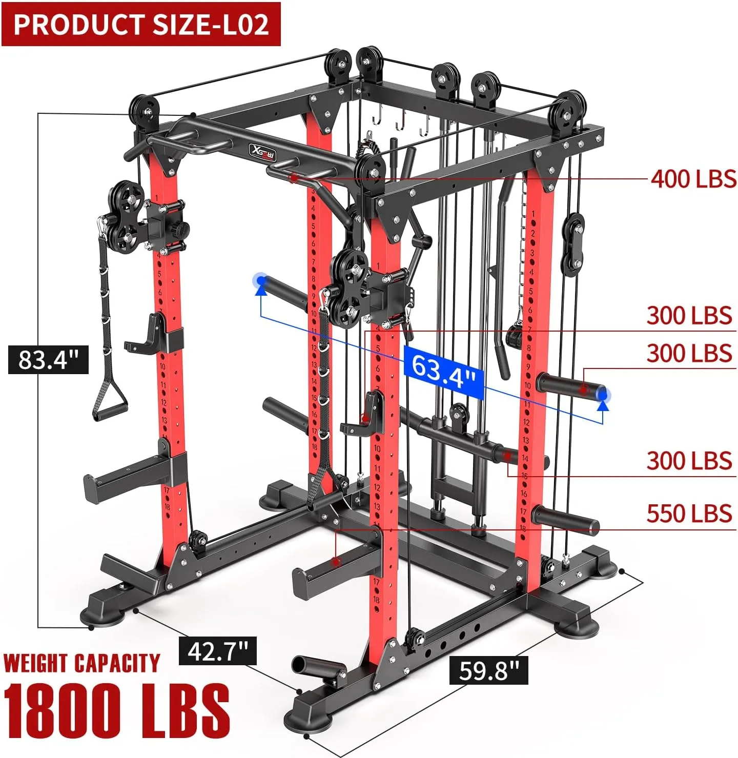 L02 Power Cages Multi-Purpose Squat Rack with Cable Crossover System, Matching Weight Bench, Olympic Barbell Weight Set for Garage and Home Gyms