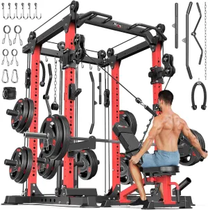 L02 Power Cages Multi-Purpose Squat Rack with Cable Crossover System, Matching Weight Bench, Olympic Barbell Weight Set for Garage and Home Gyms
