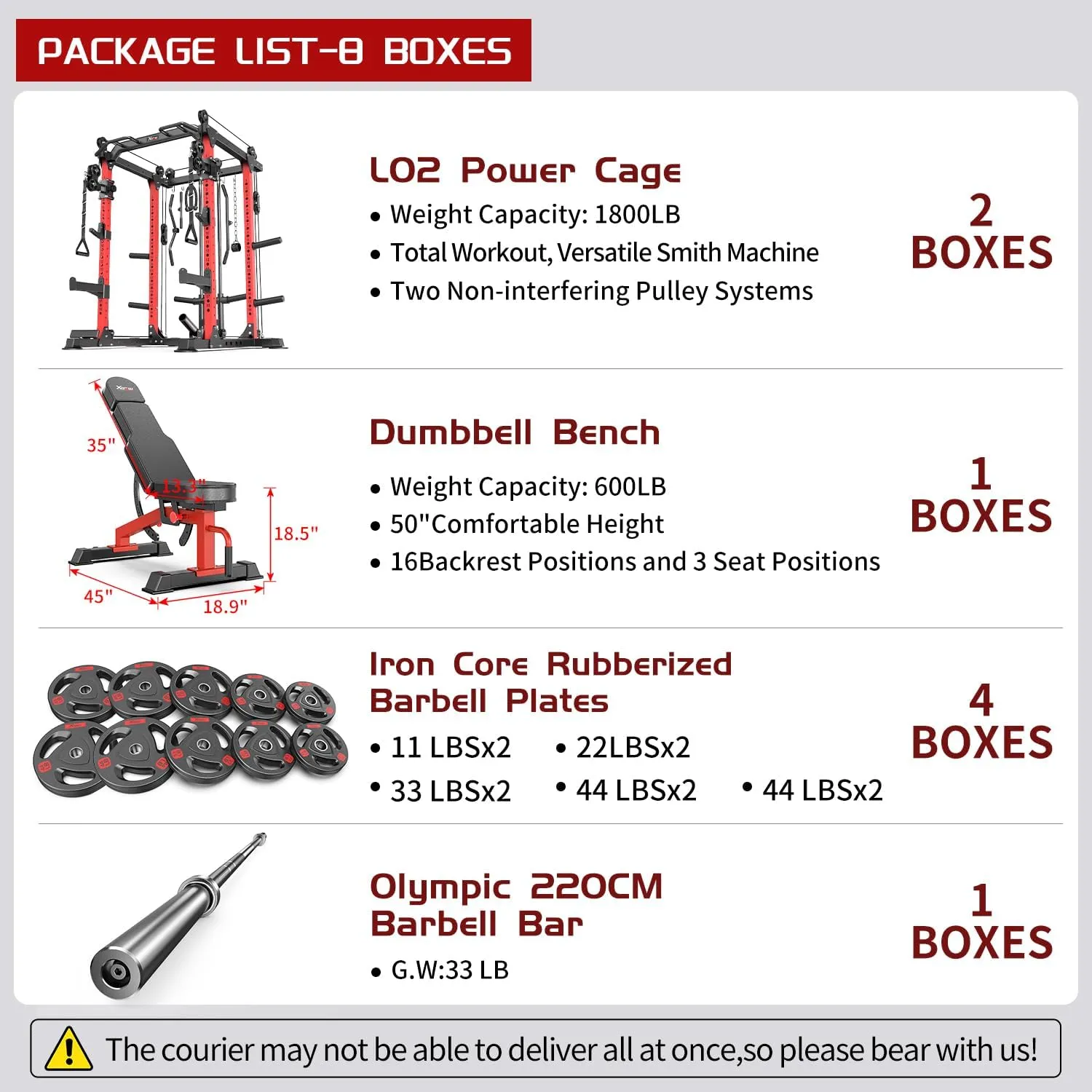 L02 Power Cages Multi-Purpose Squat Rack with Cable Crossover System, Matching Weight Bench, Olympic Barbell Weight Set for Garage and Home Gyms