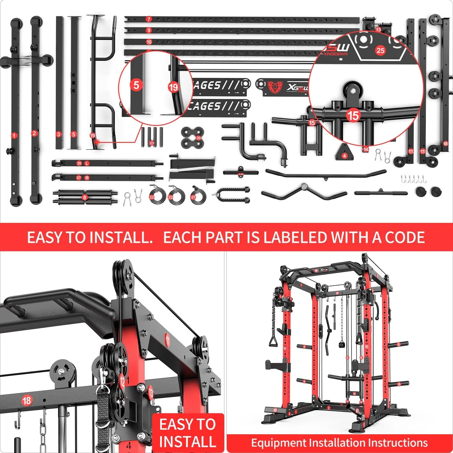 L02 Power Cages Multi-Purpose Squat Rack with Cable Crossover System, Matching Weight Bench, Olympic Barbell Weight Set for Garage and Home Gyms